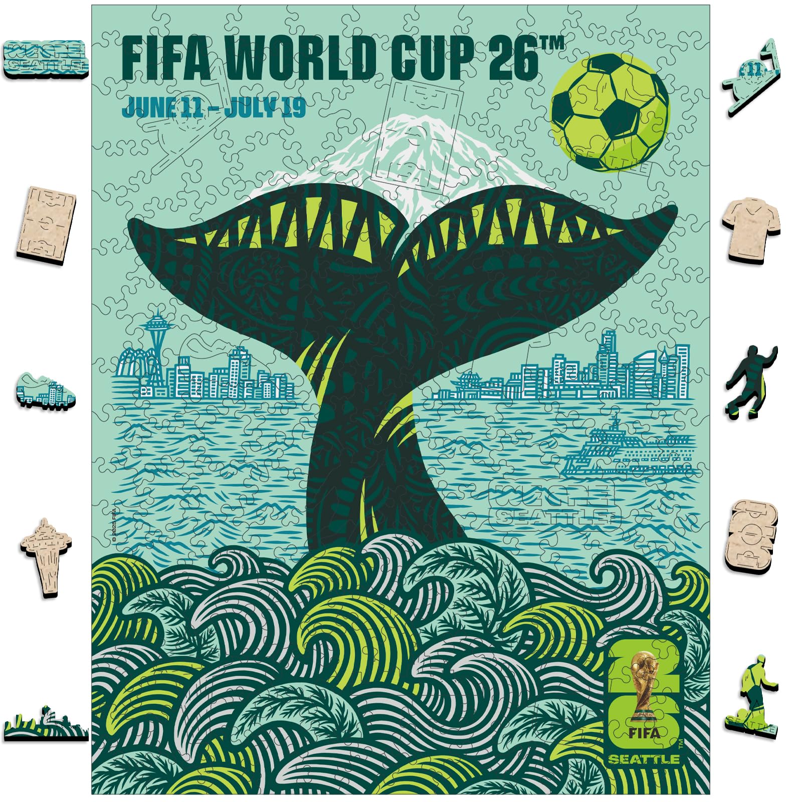 FIFA World Cup 2026 Seattle City Poster Wooden Puzzle for Adults, 200 Piece Unique Shape Jigsaw Puzzle, 5MM Thick, Officially Licensed Soccer Fan Collectible Gift, 9.3x11.8''