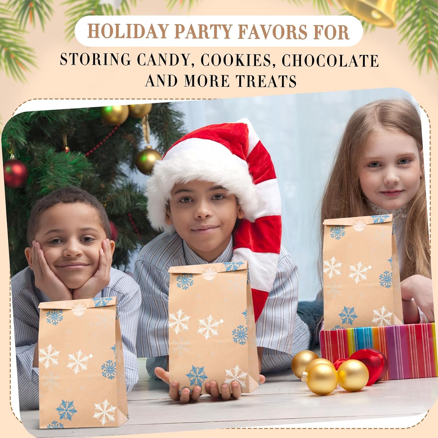 Cholemy 240 Sets Christmas Party Gift Bags with Snowflake Sealing Stickers Winter Goodie Bags Snowflake Kraft Paper Treat Pouches for Xmas Holiday Party Favors, 5.1 x 9.4 x 3.1 Inch