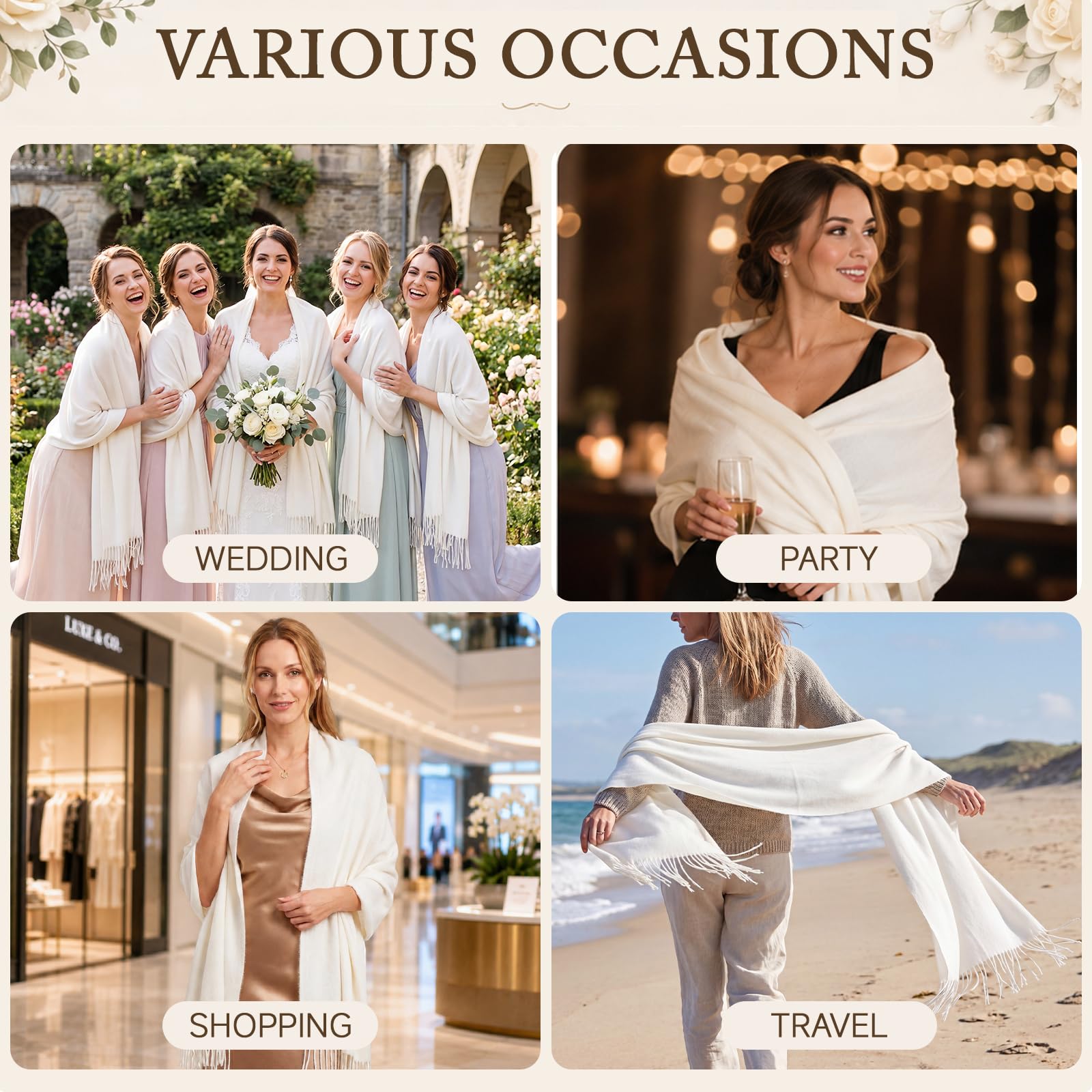Hestya Châles en Pashmina Coffret Cadeau Mariage Comprend 4 Écharpes pour Demoiselles d'Honneur, 1 Ruban Cadeau, 4 Cartes pour Demoiselles d'Honneur et 4 Enveloppes. Pour Femmes et Invitées de Mariage