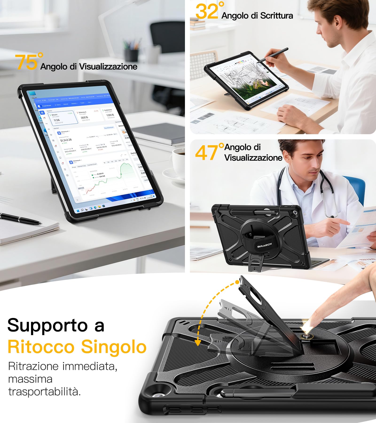 BRAECN Cover per Microsoft Surface Pro 12 Pollici 2025 | Antiurto Robusto Custodia con Supporto Girevole a 360°, Cinghia a Mano, Nero