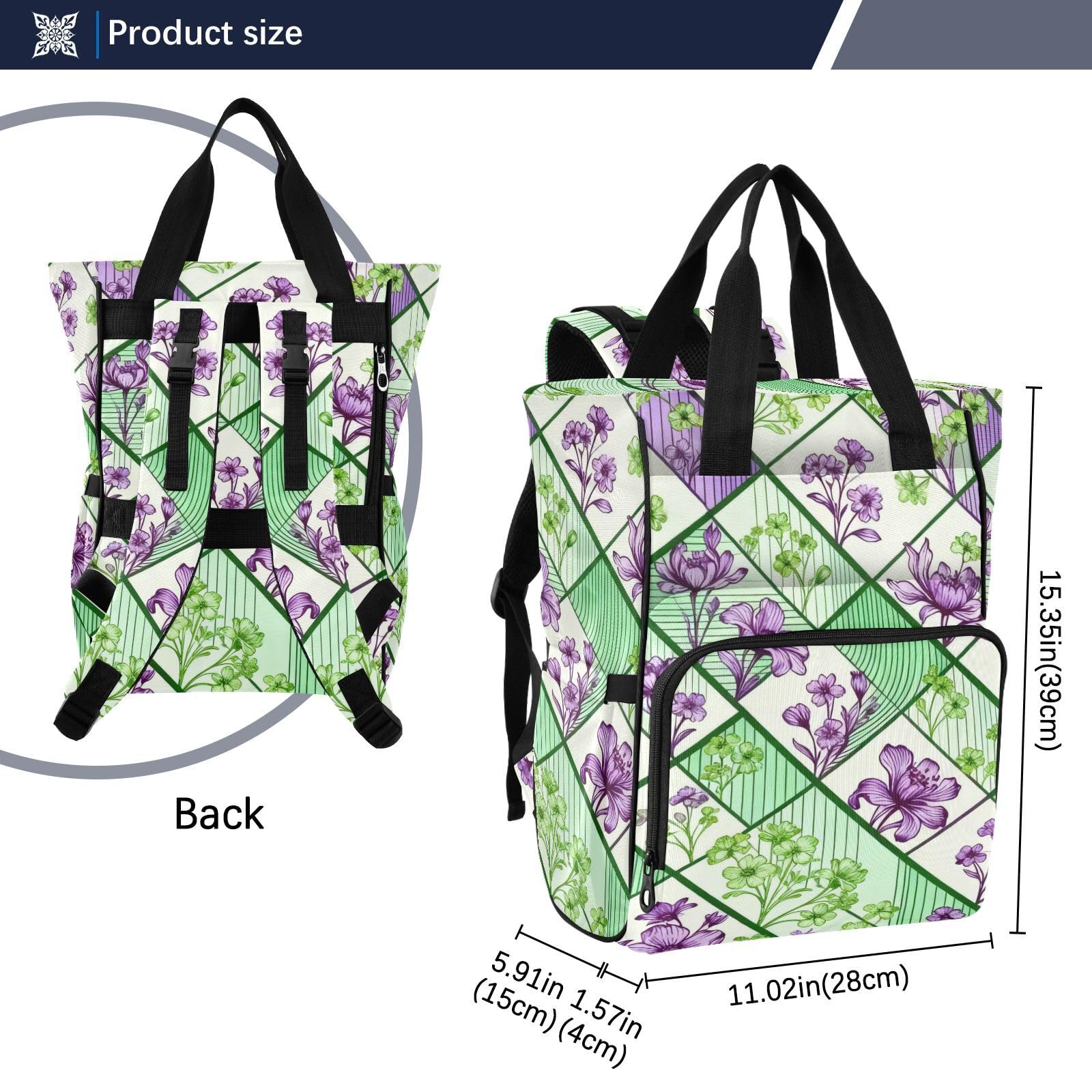 Baby Essentials torba na pieluchy zielony i fioletowy kwiat w kratę