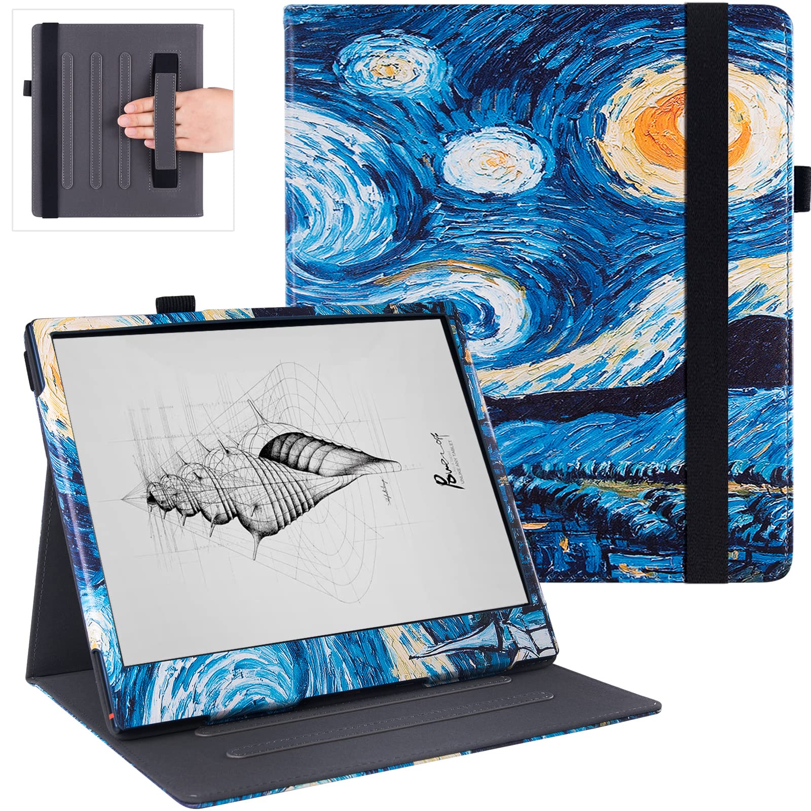 BOZHUORUIStand Case for 10.3" Boox Note Air4 C/Boox Note Air3 C/W Tablet - Premium PU Leather Protective Sleeve Cover with Hand Strap/Auto Sleep/Wake (Starry Sky)