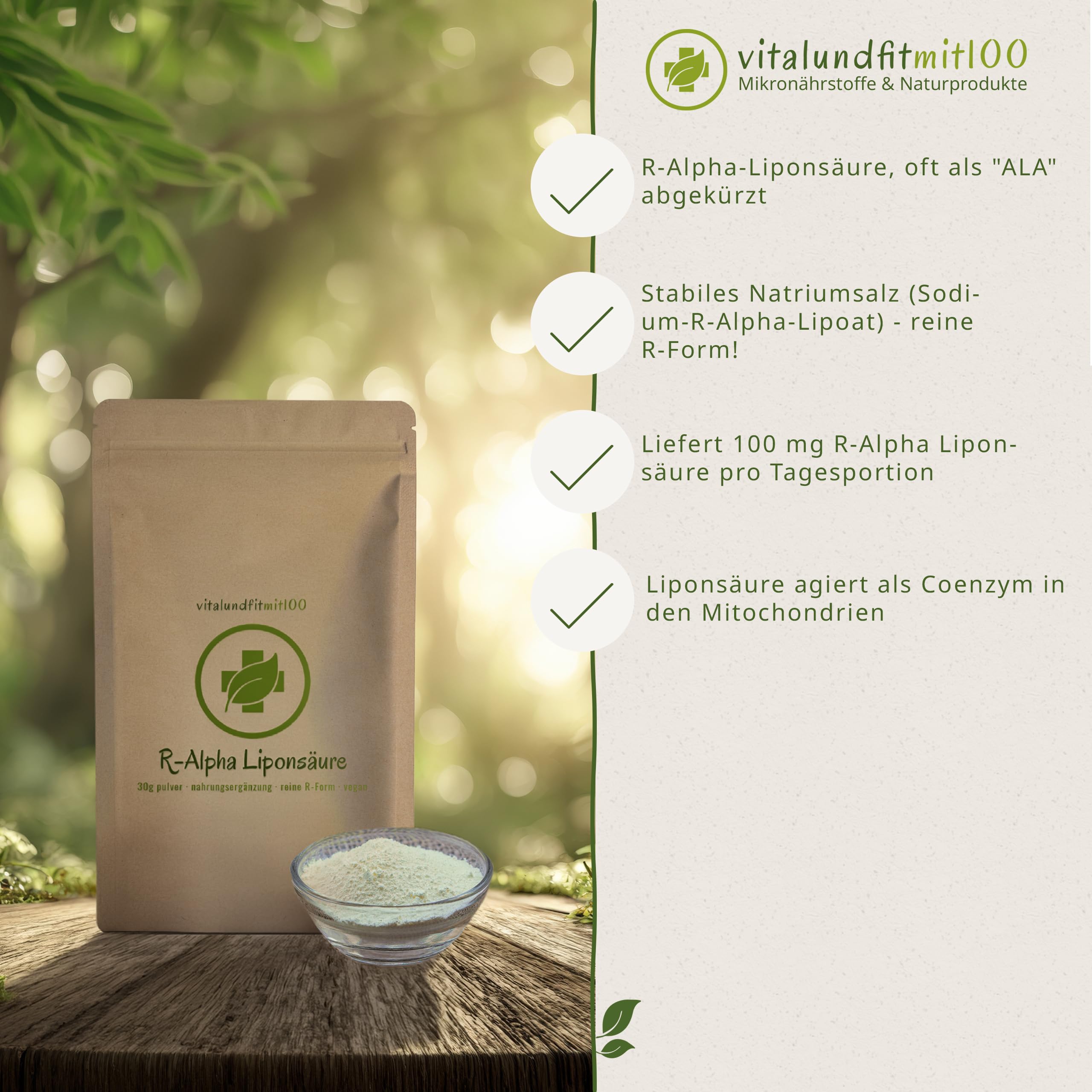 REINE R-Alpha Liponsäure 30 g - R ALA hoch bioverfügbar und vegan - reine R-Form! - Gentechnikfrei - Ohne Hilfs- und Zusatzstoffe