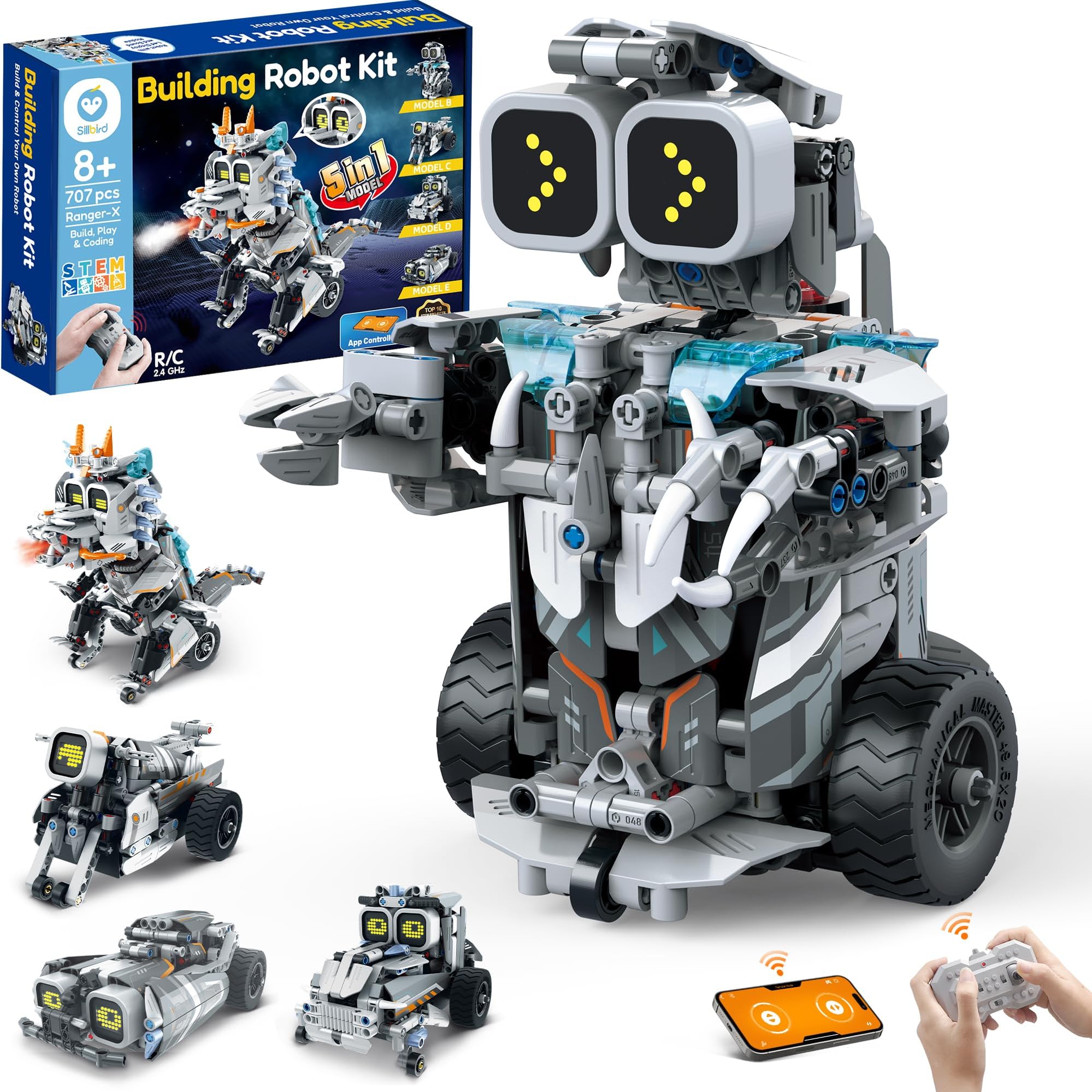 Building Robot Dinosaur Kit with Remote Control Stem Gifts for Boys Age 8-12, Build Coding Robotic Toys for Kids Birthday, 5 in 1 Buildable Set with 707 Pieces