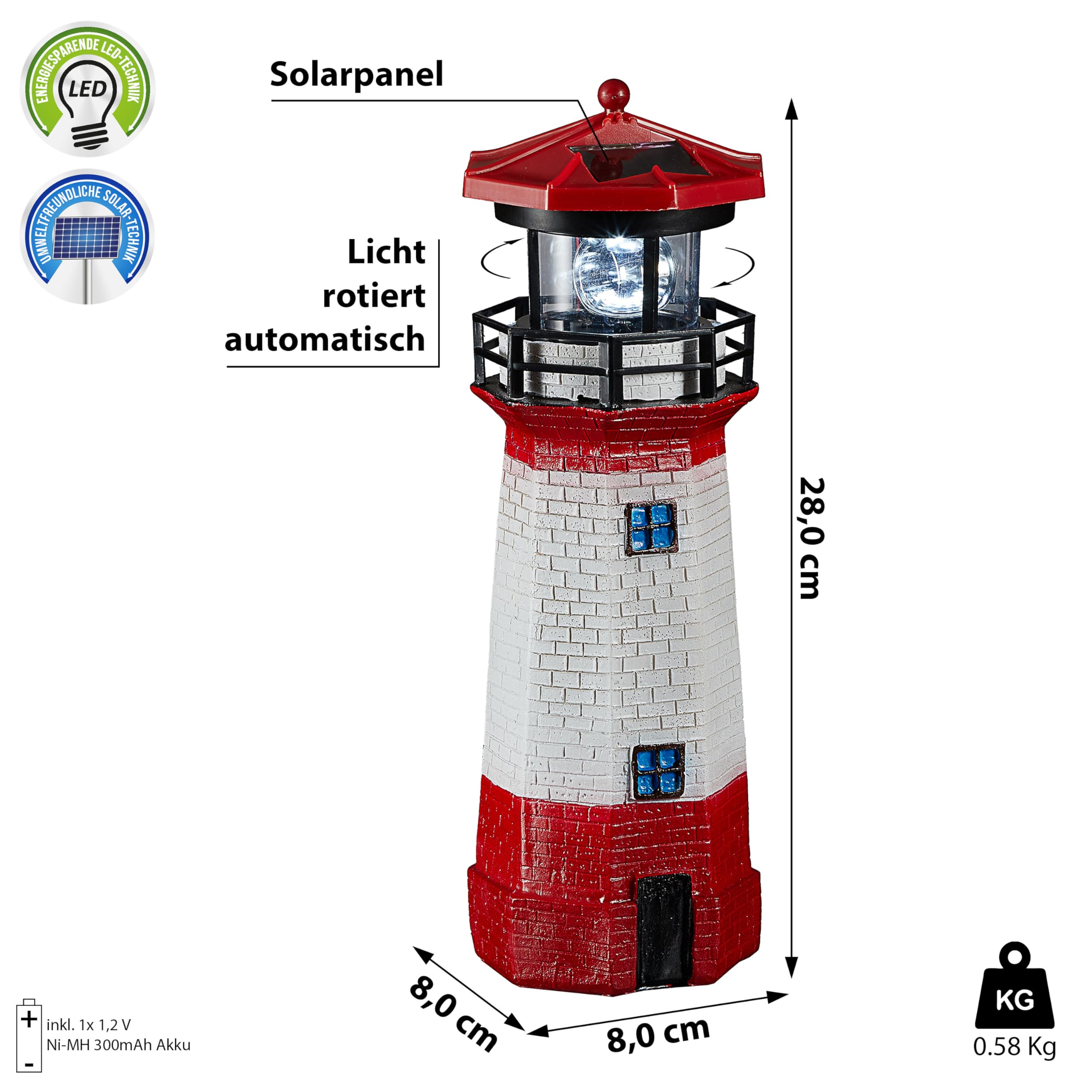 Cepewa Latarnia solarna LED, wys. 28 cm, czerwono-biała, dekoracja ogrodowa, latarnia morska, wieża, oświetlenie solarne (1 x solarna latarnia LED wys. 28 cm)