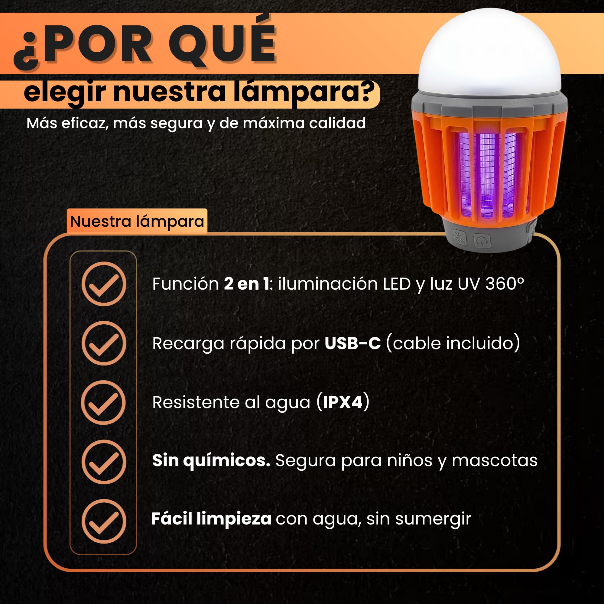 Lampara Antimosquitos Electrico De Exterior E Interior con 3 Niveles De Luz. Mata Mosquitos Electrico para Camping Recargable por USB-C. Repelente 2en1 con Luz UV 360º Y Resistente al Agua (IPX4).