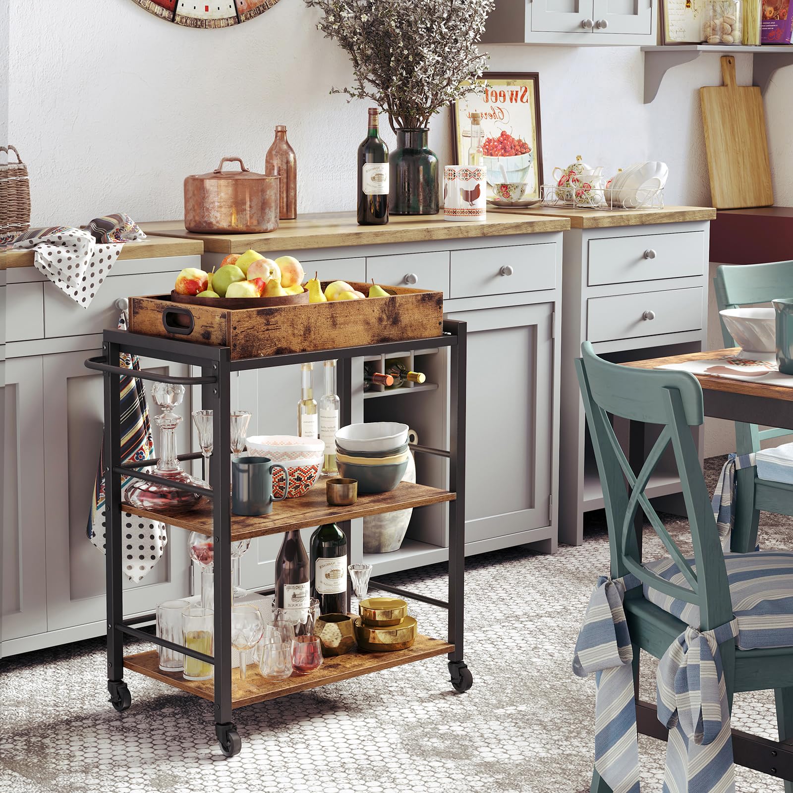 VASAGLE Carrello da Cucina con Vassoio Rimovibile, Carrello Portavivande Fisso o con Ruote, Struttura in Acciaio, Scaffale Cucina 40 x 72 x 86 cm, Marrone Vintage e Nero Inchiostro LRC72X