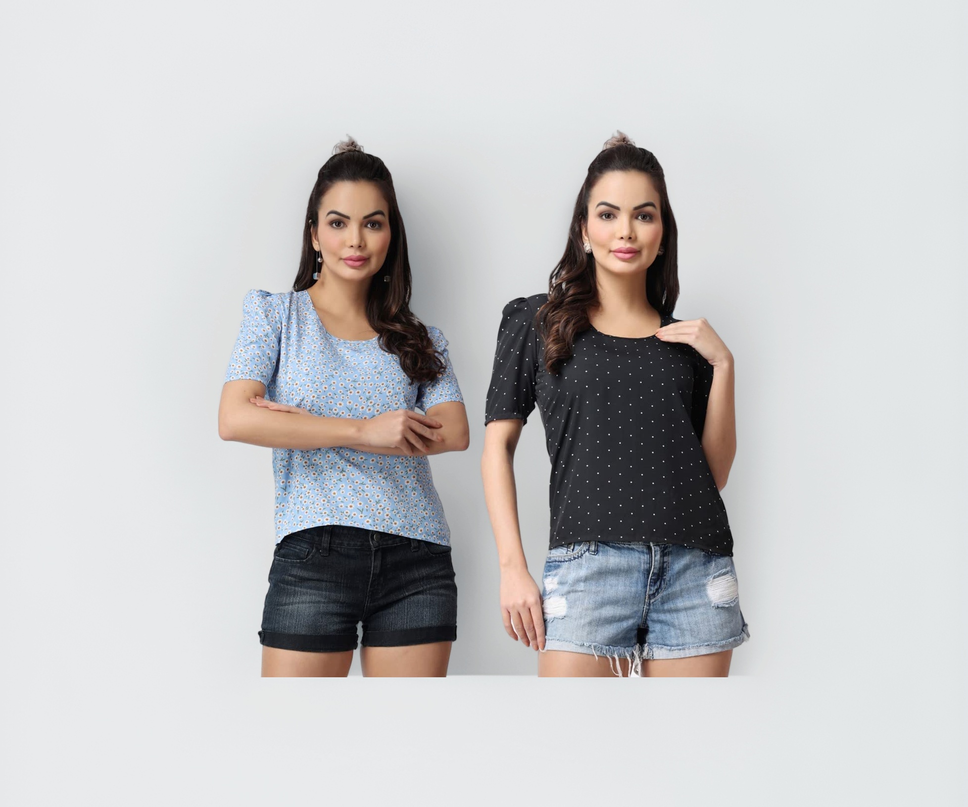 Image of POPWINGS Casual Floral Printed Round-Neck Puff-Sleeves Tops Combo for Women