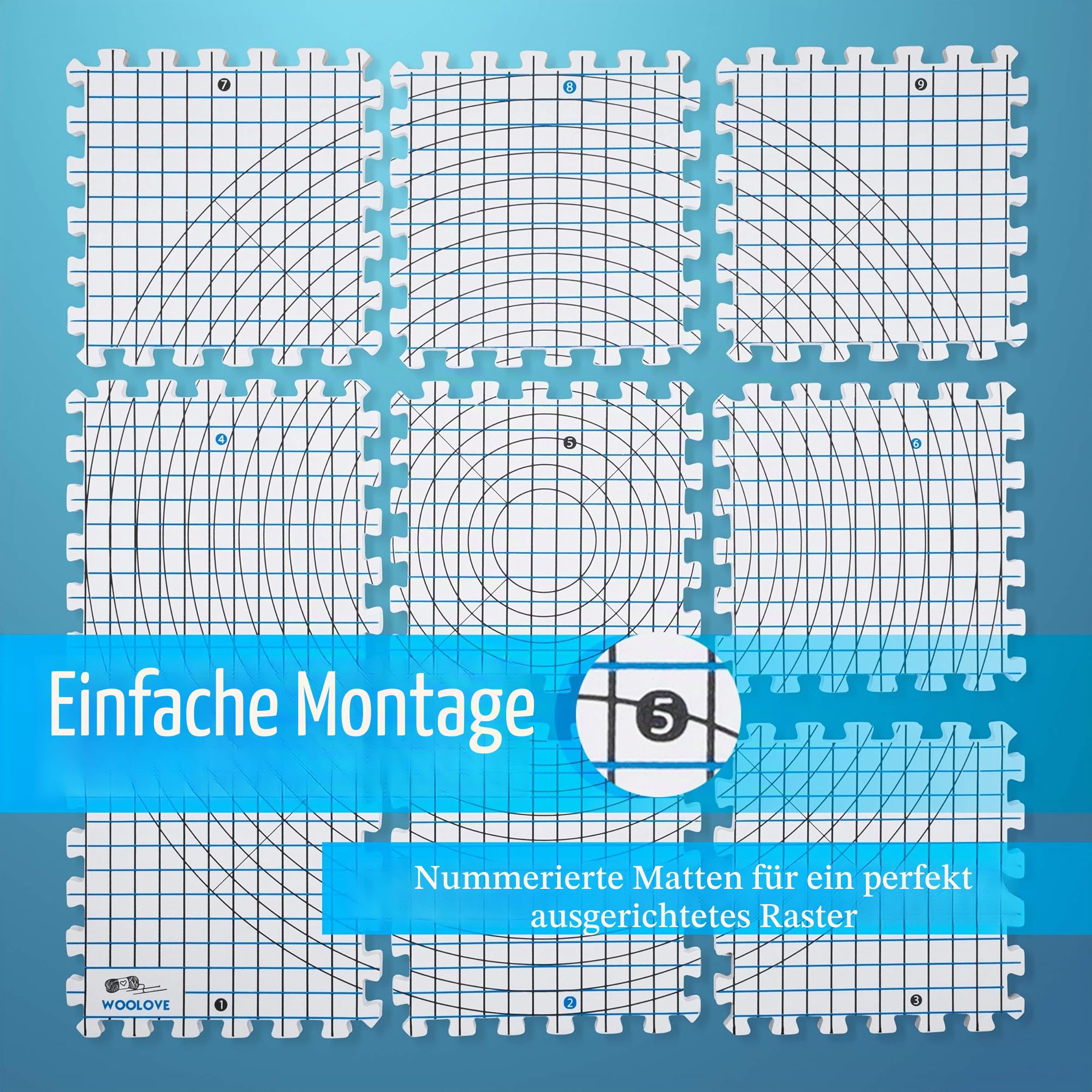 WOOLOVE Spannmatten mit Raster, Matten zum Spannen für Handarbeiten Stricken Häkeln Spitze – Spannunterlagen-Set mit 9 Stück Matten, 50 T-Nadeln und Tasche zum Aufbewahren