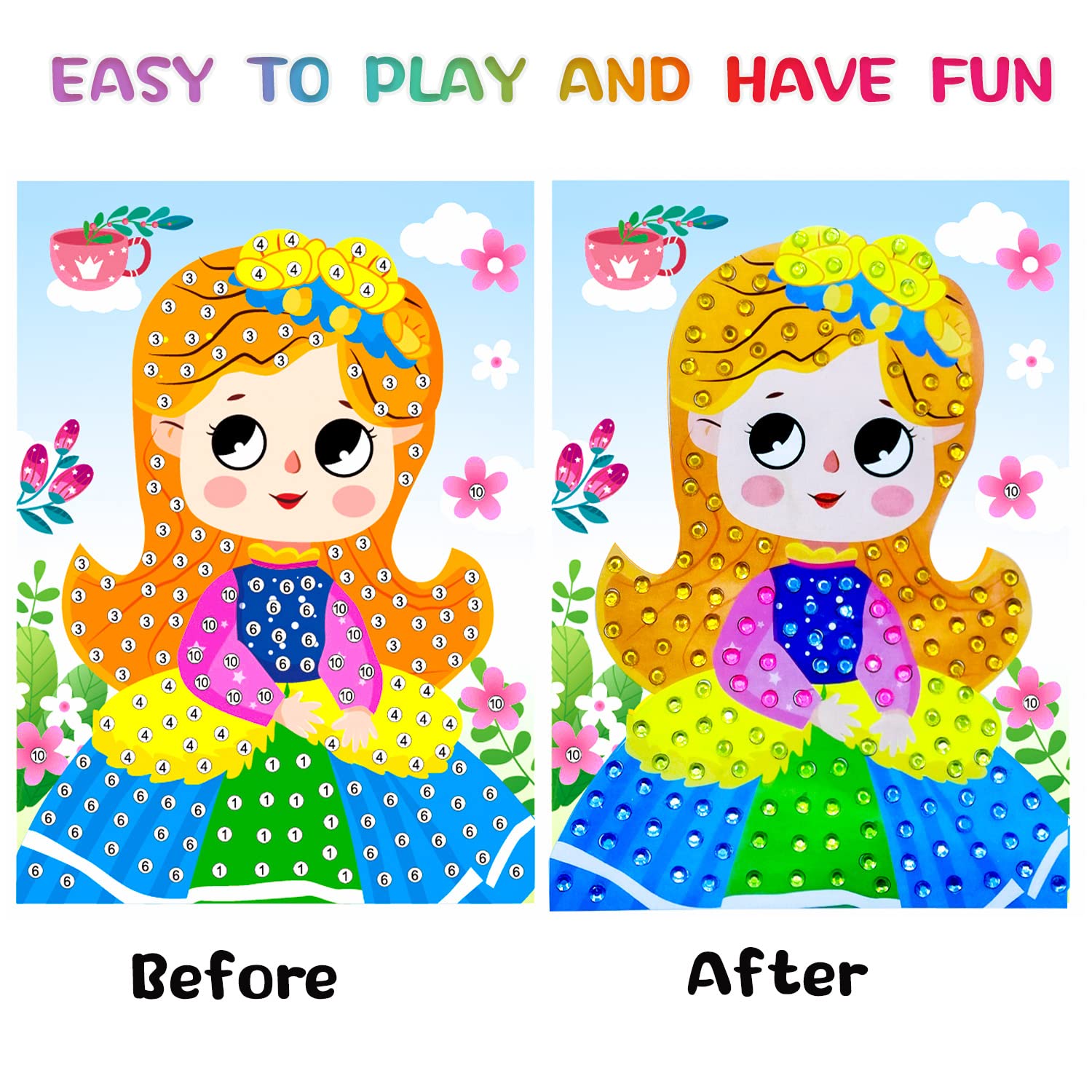 Set Mosaico Fai Da Te Per Bambini 3-8 Anni – 10 Lavoretti Con Adesivi Glitter, Matite Acquerellabili E Cordini – Tema Principessa