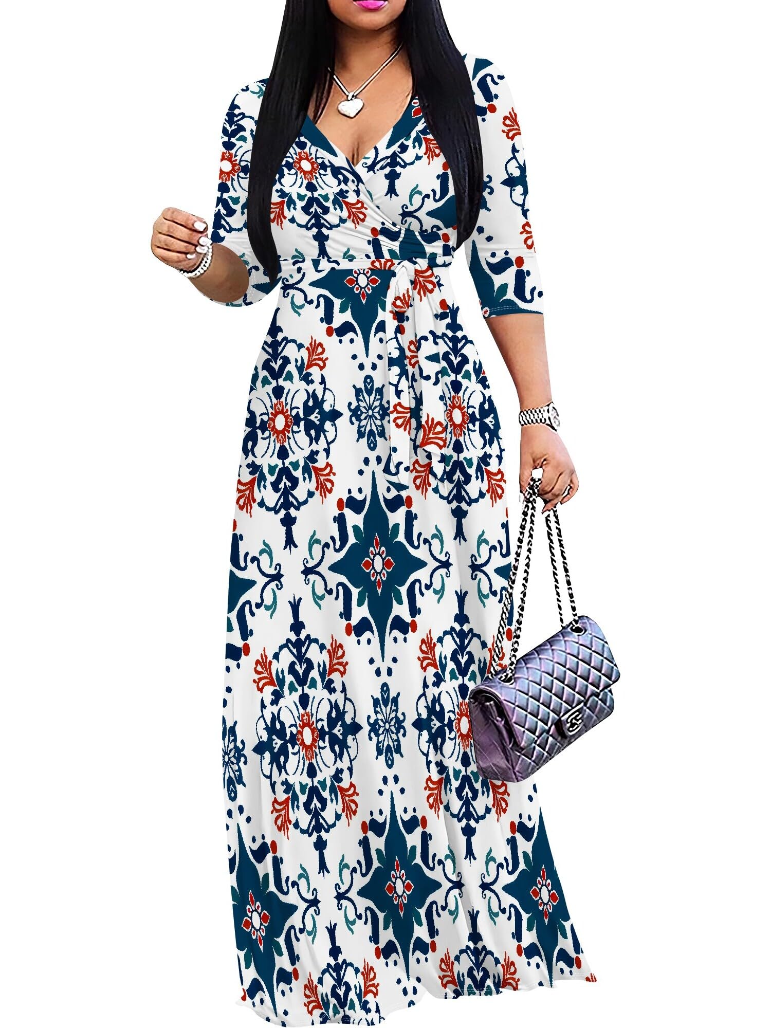 PinkPatty Women's Plus Size V Neck 3/4 Sleeve Boho Maxi Dress with Pockets | Boho printed maxi dress with pockets and tie waist for travel, vacations, weddings, church, parties, and daily wear