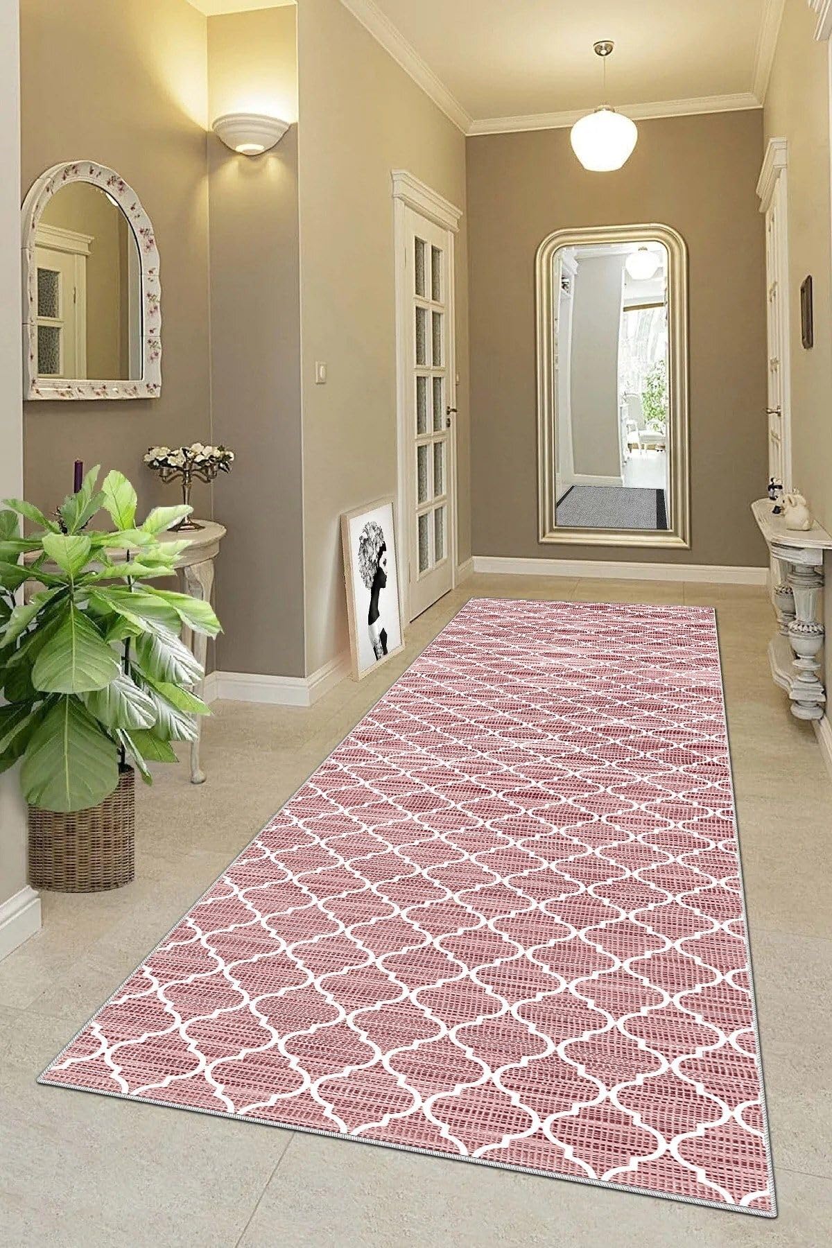 Pelangi Geometrik Karo Desenli Dijital Baskı Yıkanabilir Kaymaz Taban Etnik Kilim Desen Salon Halı, Pembe 80 x 400, 9555602804007