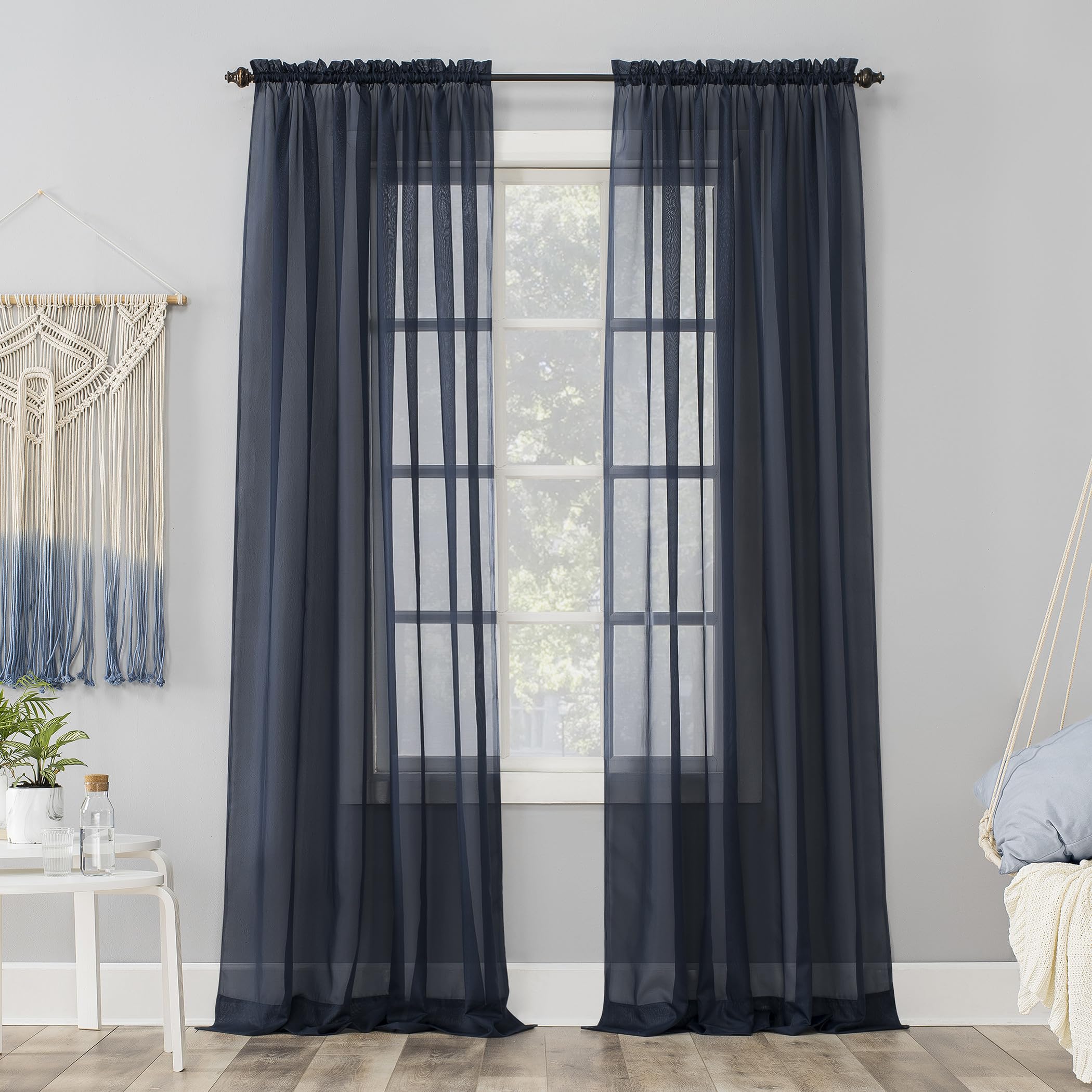 No. 918 Emily Sheer Voile Rod Pocket Curtain Panel, 59" x 63", Navy Blue