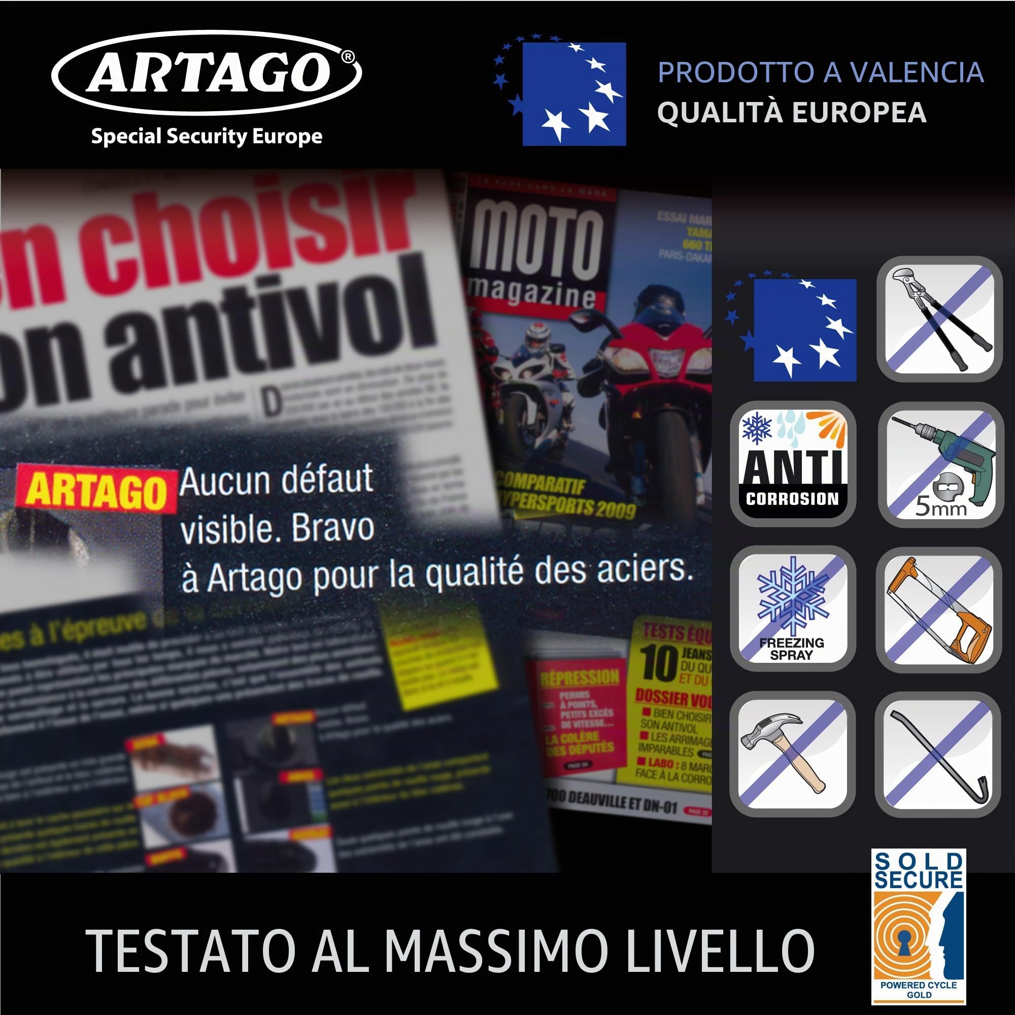 Artago 14.150 Catena Antifurto di Fascia Alta ø15mm Acciaio Antitaglio, Massima Sicurezza Testata Approvata Sold Secure Gold, Catena di Sicurezza Antifurto Moto Combinabile, Bunker Selection 150cm