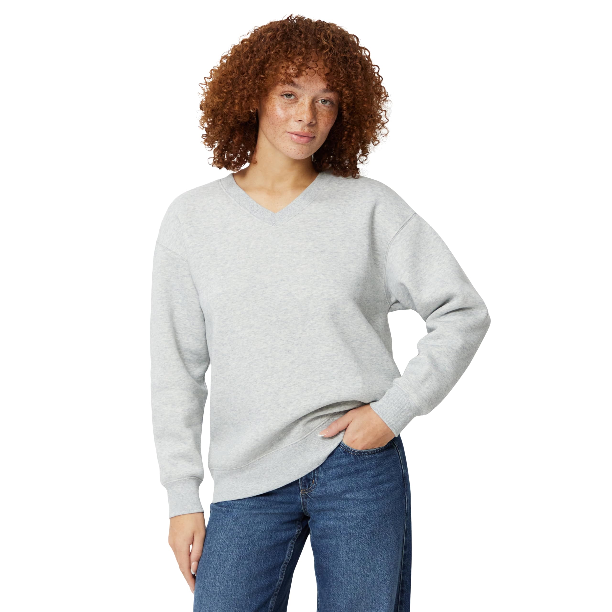Amazon Essentials Women's Oversized V-Neck Fleece Pullover Sweatshirt, Light Grey Heather, Medium