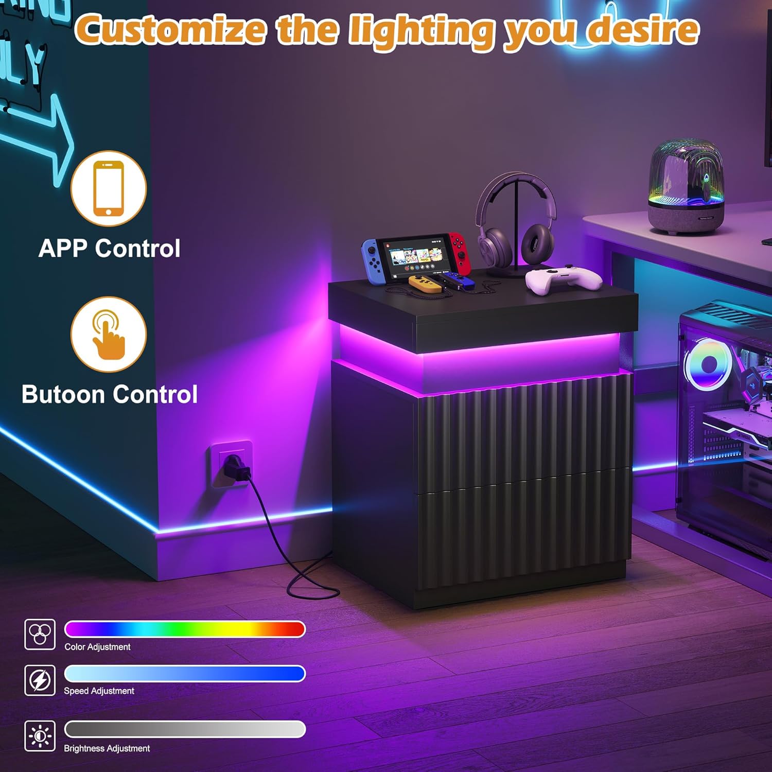 Nightstand Set of 2 Black Nightstand with Charging Station LED Night Stands with Drawers Modern Bedside Table with Sliding Top Night Table Fluted End Tables for Bedroom, Apartment, Dorm