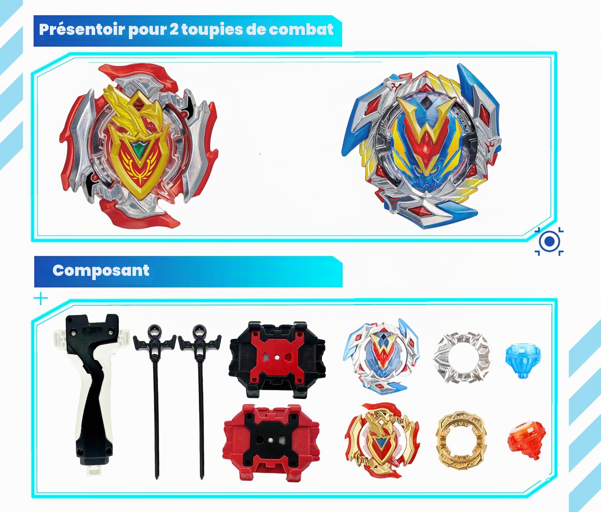 Lot de 2 Toupies de Combat avec 2 Lanceurs, 1 Poignée et Boîte de Rangement, Jeu de Duel pour Enfants