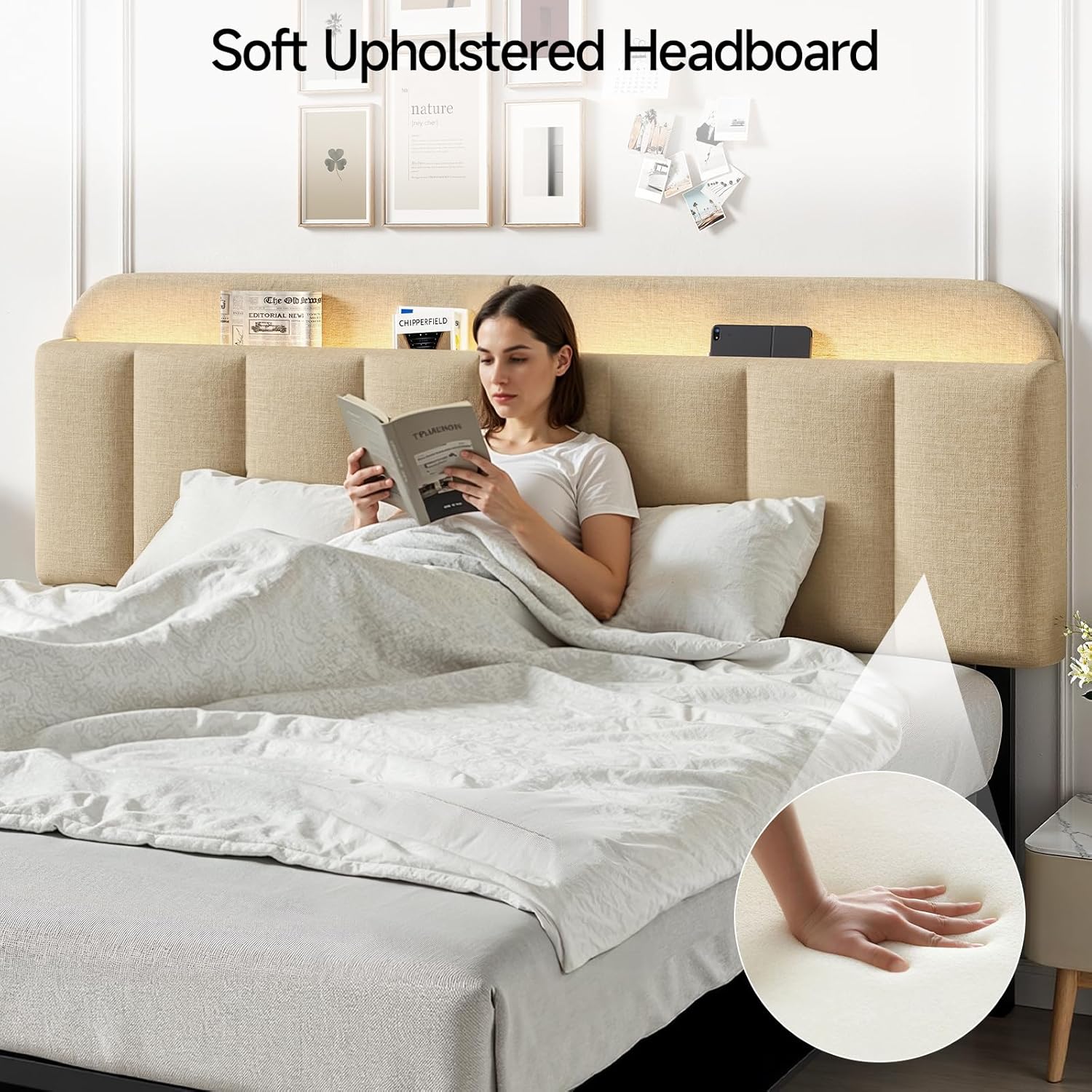 King Size Adjustable Headboard, Upholstered Headboard with Storage, APP Controlled LED Light, Padded Head Board Only, Sturdy Metal Foot Frame, Vertical Channel Design for Bedroom, Beige