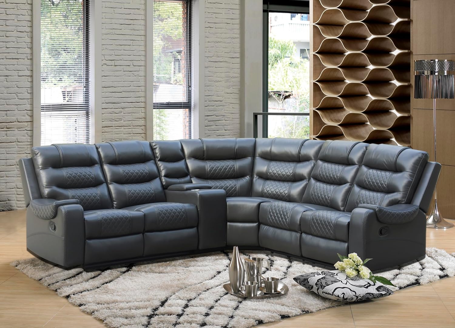 (Incomplete, box 2/5) L-Shaped Manual Reclining Sectional Sofa Faux Leather Tufted Upholstered Motion Couch with Cup Holders and Storage Console, L-Shaped 5 Seaters Corner Reclining Sofa Couch for Living Room Home Theater L-Shaped Manual Reclining Sofa with Cupholders Grey