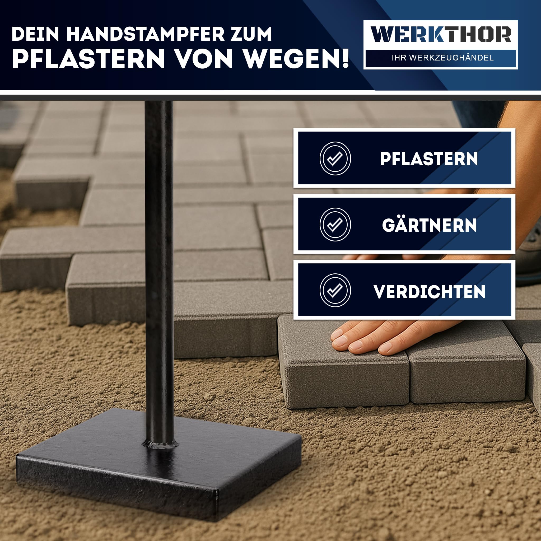 WERKTHOR Costipatore Manuale 11,5 kg in Acciaio – Compattatore Terreno Manuale con Piastra 20x20 cm e Manico T 83 cm – Strumento per Compattare Terra, Asfalto e Ghiaia