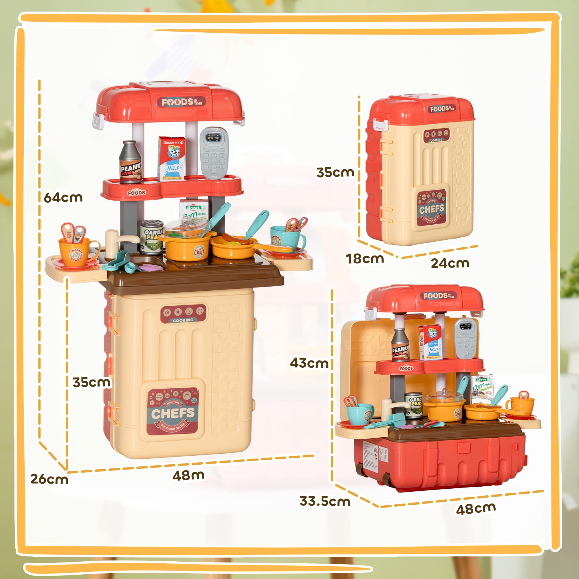 AIYAPLAY Gioco per Bambini 3 in 1 da 36 Pezzi con Tavolo per Posate, Tavolo da Pranzo e Trolley, Cucina Giocattolo in PP e ABS, 48x26x64 cm, Multicolore