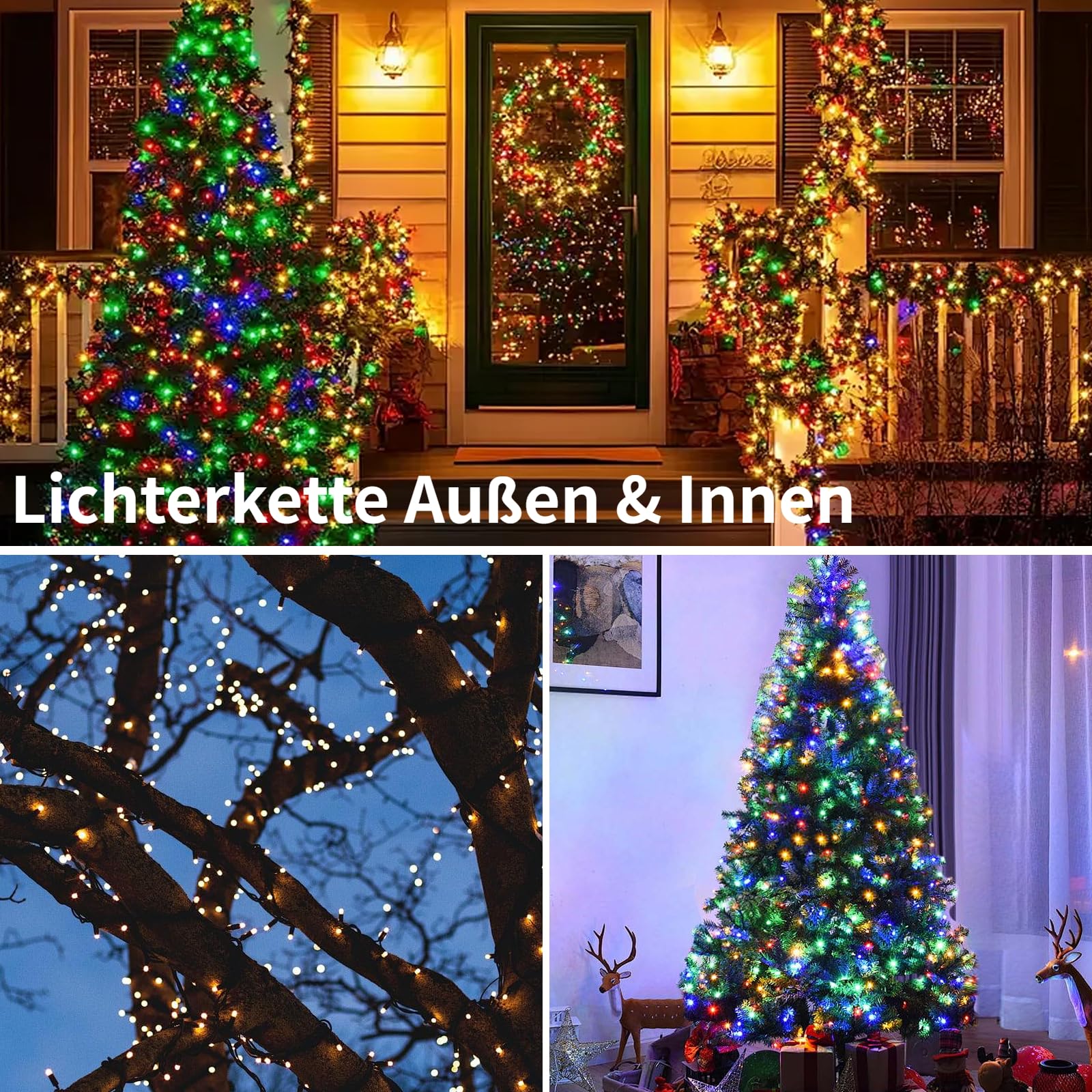 Gresonic łańcuch świetlny LED, 750 diod LED, 15 m, ciepła biel i klasycznie kolorowe, do użytku wewnątrz i na zewnątrz, 9 trybów, timer, zielone przewody, IP44 wodoodporny, dekoracja do ogrodu