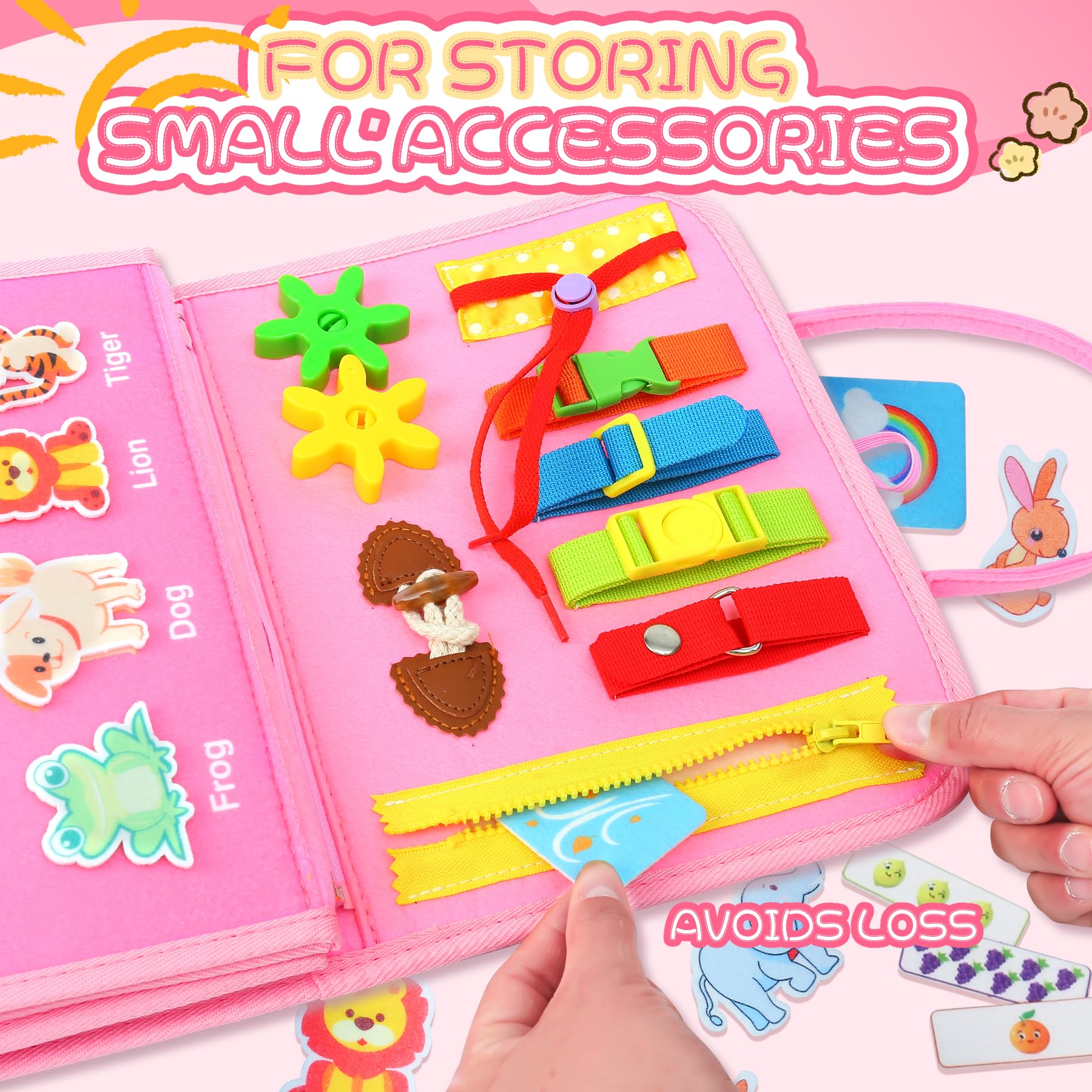 Busy Board Giochi Montessori 1 Anno - Libro Montessori Interattivo in Feltro, Pannello Sensoriale Educativo per Bambini - Giochi Bambini 2 Anni, Regalo Bimbo Bimba Compleanno (rosa)