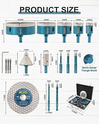 Tile Hole Cutter Kit - 16PCS Diamond Hole Saw 6-100+Masonry Drill Bits+Tile Blade