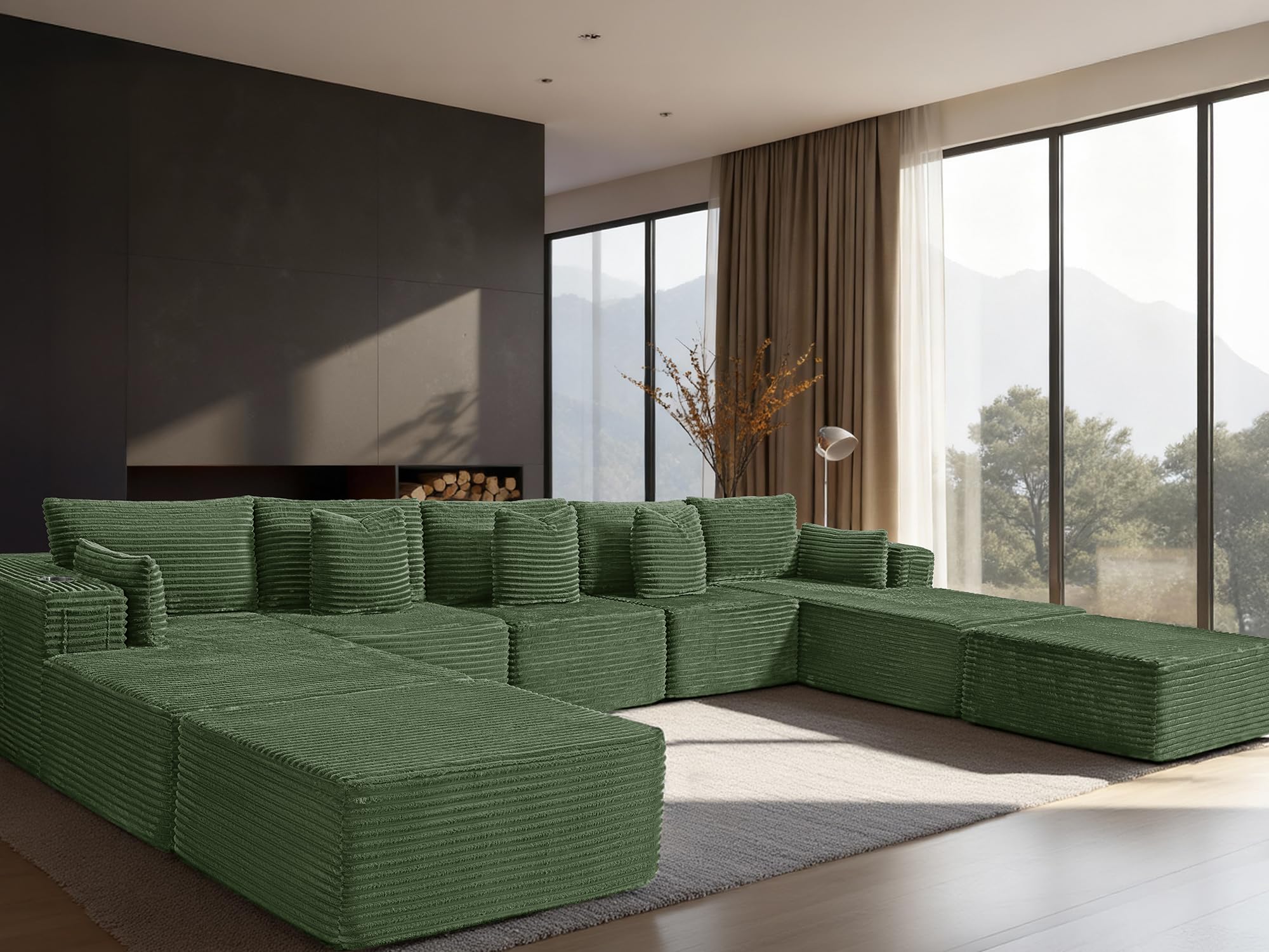 168" Cloud Sectional Couch, Comfort U Shaped Sofa for Living Room, Extra Deep Seats No Assembly, Minimalist Modular Couch, Corduroy (Olive Green, 9 Seats,U-Shape B)