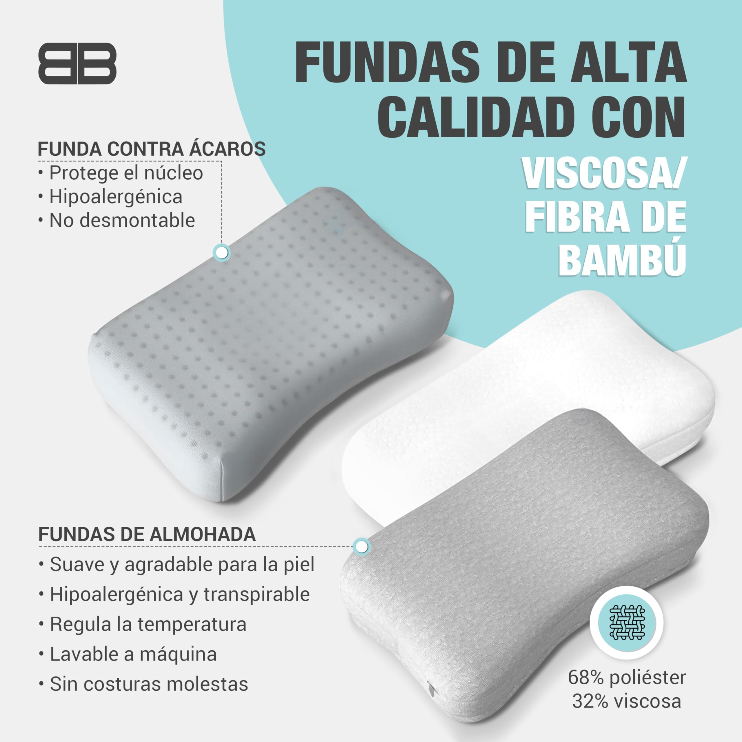 BACK BODYGUARD Almohada Cervical ergonómica con 2 Fundas, Almohada ortopédica, Almohada para Dormir de Espalda con Bolsa de Viaje (50 x 30 x 12 cm)