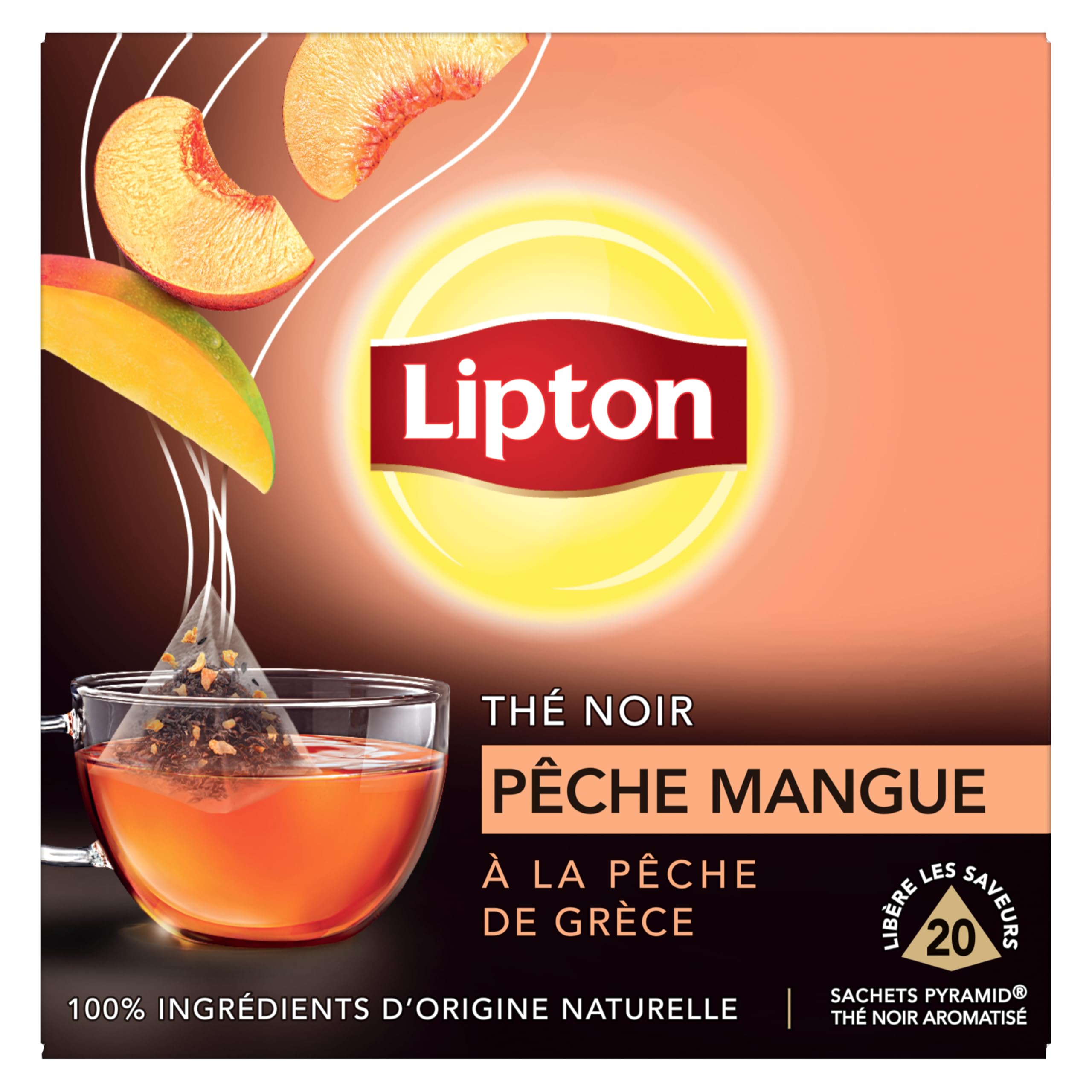 Lipton Thé Noir Pêche de Grèce et mangue 20 Sachets Pyramid®