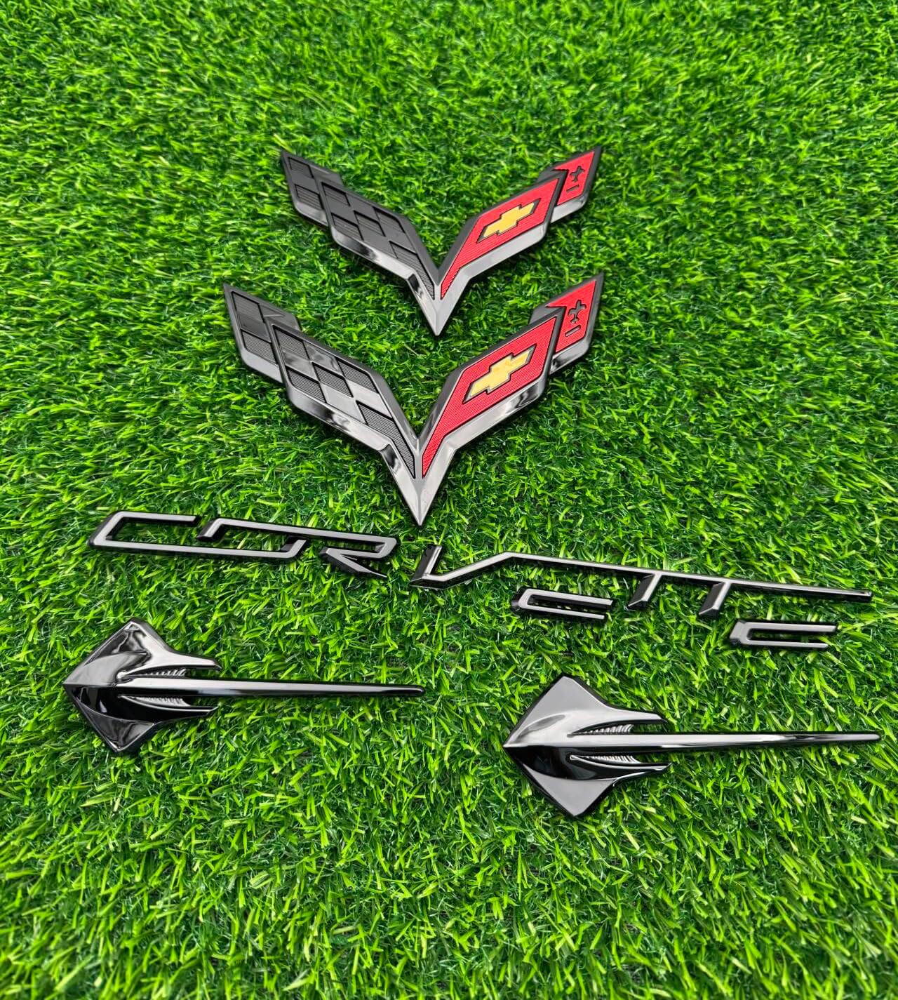 5PC 14-19 C7 Front & Rear &Stingray Cross Flags Emblem 3D Badge Bumper Insert Letters Nameplate Sticker Decal Replacement for C7 Corvette (Black Red)