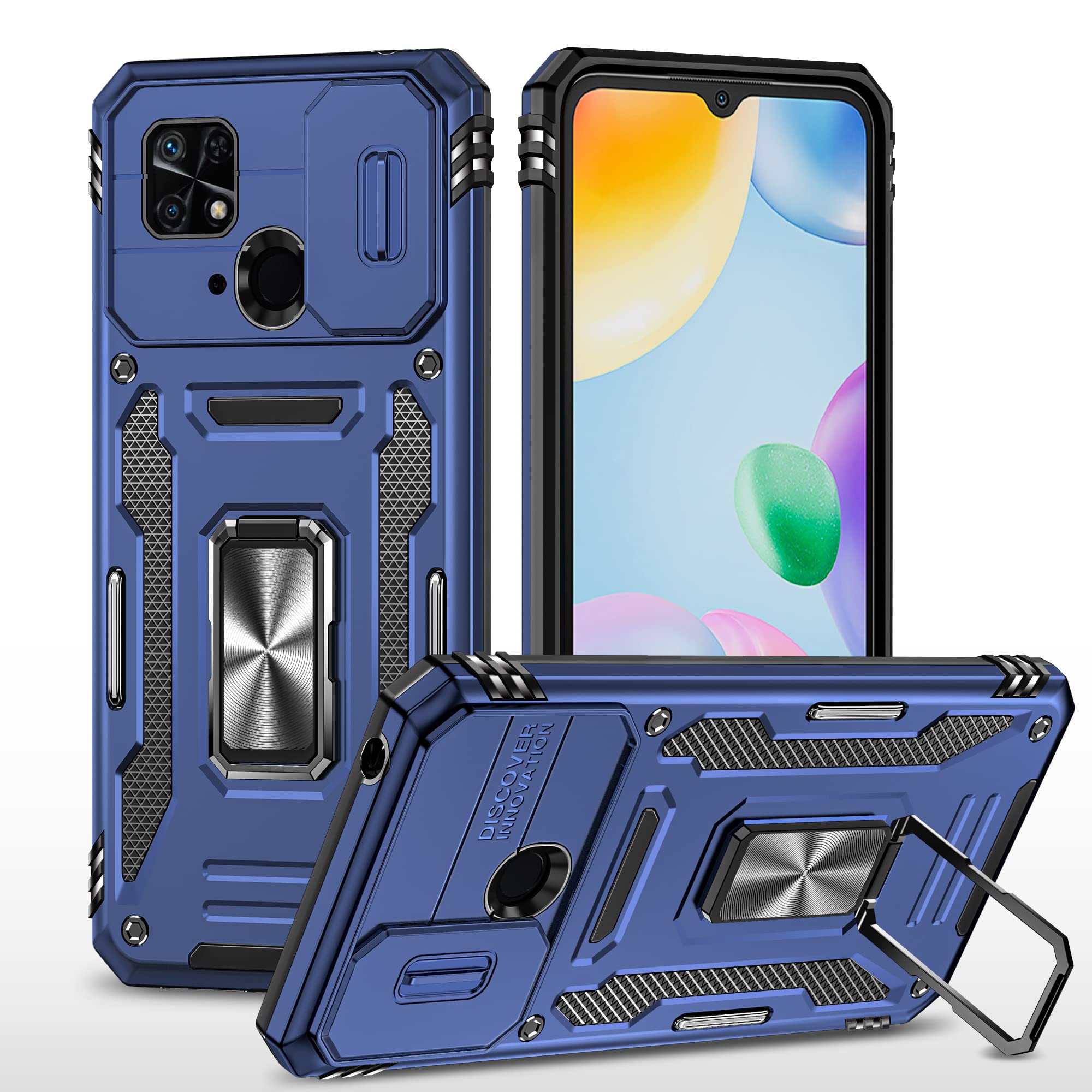 AMWEI Cover per Xiaomi Redmi 9AT / 9A, TPU Silicone e PC Antiurto Custodia, Protettiva Case con 360° Girevole Anello e Coperchio della Fotocamera Scorrevole, Rosso