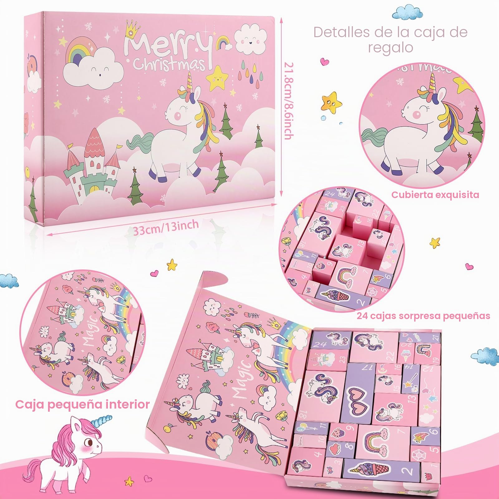 Calendario Adviento Niña, Cuenta Atrás con 24 Días de Sorpresas, Regalos de Unicornio para Niñas Niños Incluye Juguetes y Accesorios para el Pelo