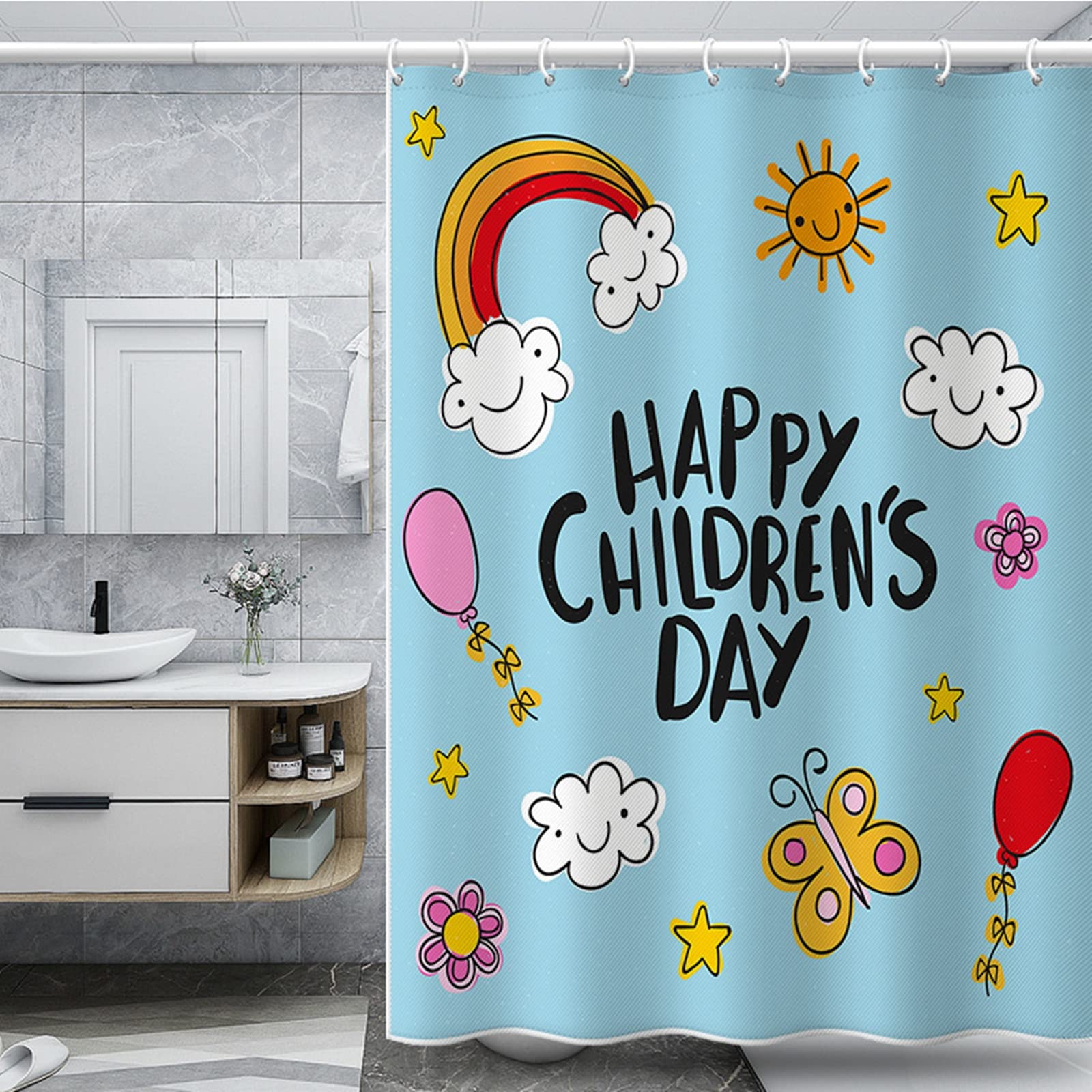 Rideau de douche motif nuage papillon fleurs pour une déco zen