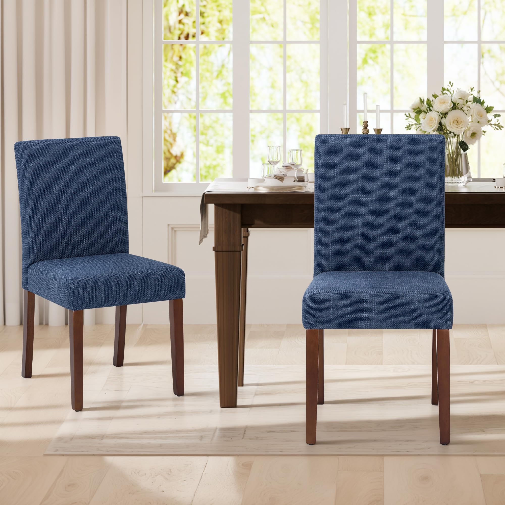 upholstered parsons dining chairs set of 2, modern dining room chairs with back, fabric kitchen side chairs with wood legs for dinner farmhouse restaurant, blue