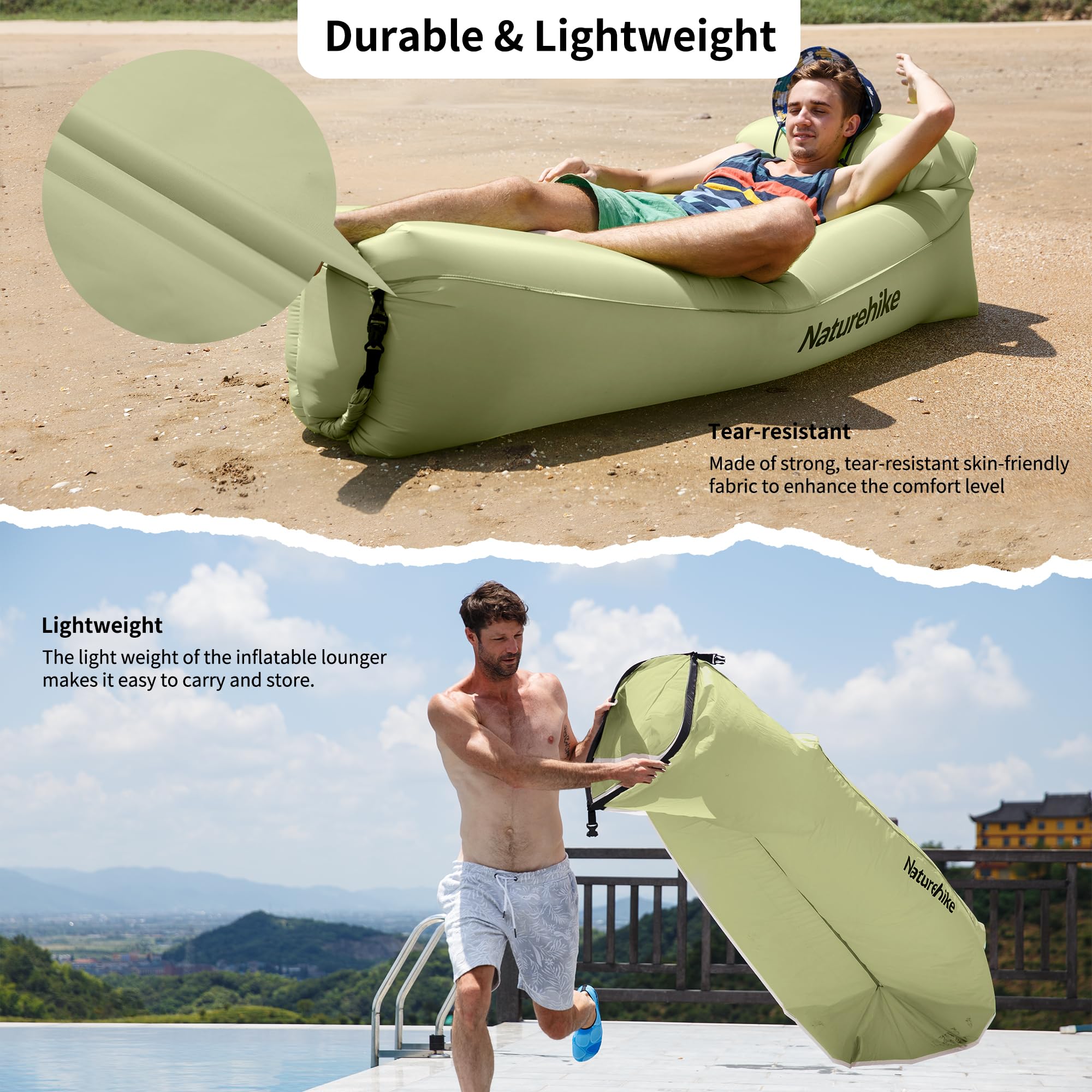 Naturehike Air Lounger - Divano ad aria impermeabile con pacchetto portatile, per viaggi, campeggio, piscina e feste in spiaggia (verde avocado)