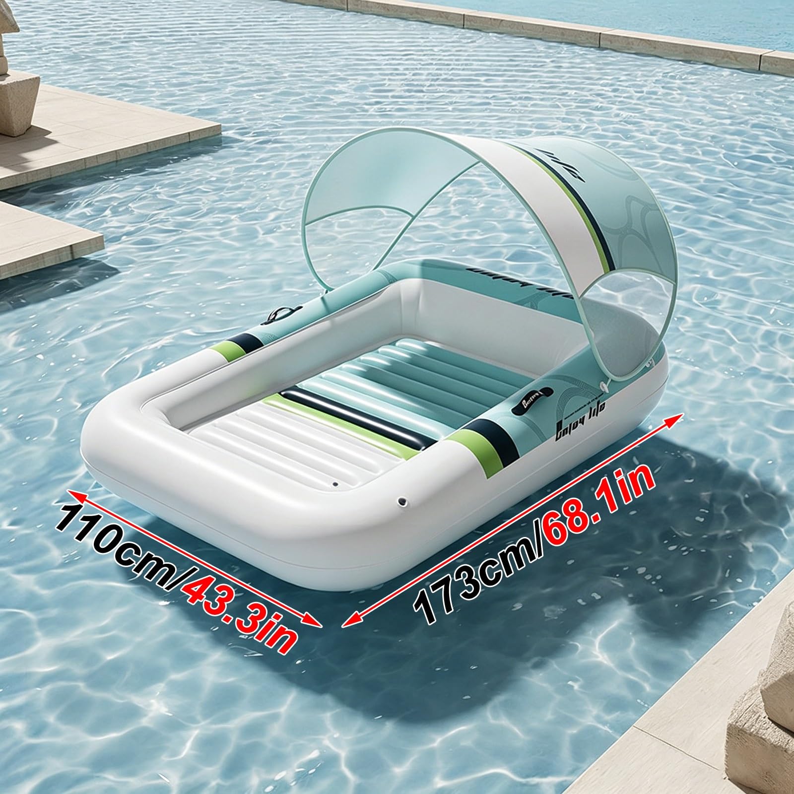 Matelas Gonflable Piscine, Chaise Longue Gonflable Piscine avec Auvent Amovible et Poignées, pour la Plage ou Le Bord d'un Lac