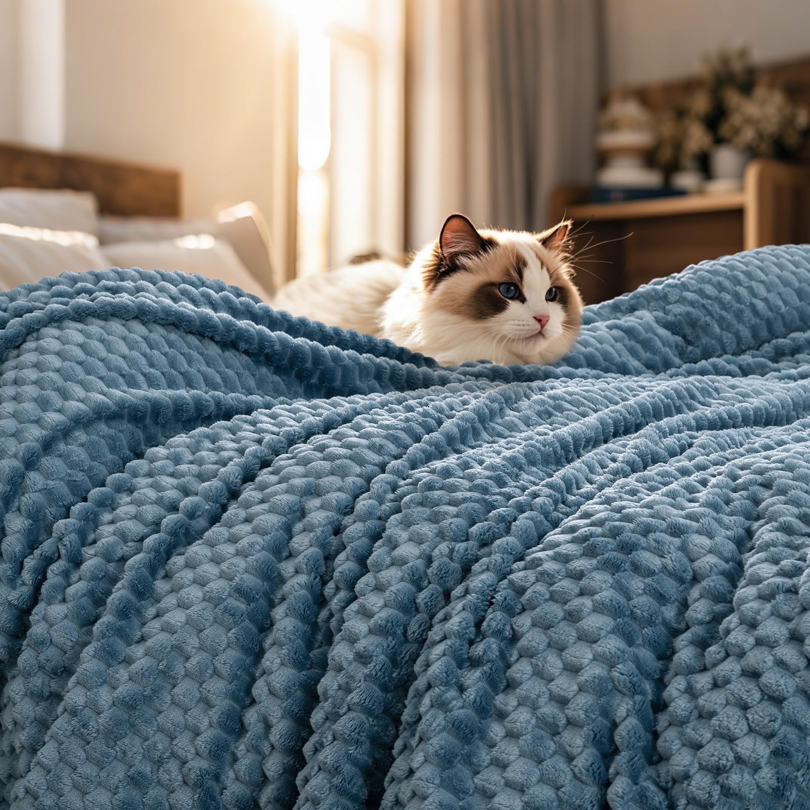 phf ultra soft flannel fleece blanket king size, lightweight 3d jacquard fleece blanket, no shedding, no pilling, luxury 340gsm aesthetic fluffy cozy for bed room decor, 108"x90", denim blue