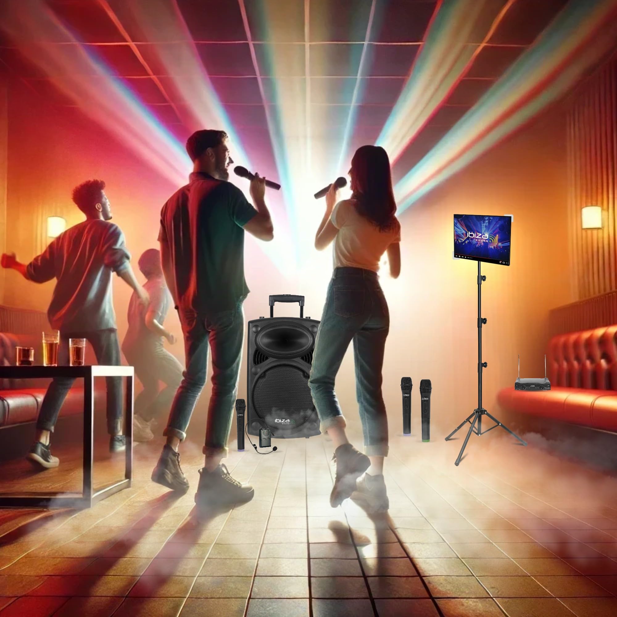 Ibiza - Pacchetto Karaoke Altoparlante portatile USB Bluetooth Ibiza PORT12VHF-BT 700W 4 microfoni senza fili - Supporto tablet SMM20 - Serata Sono