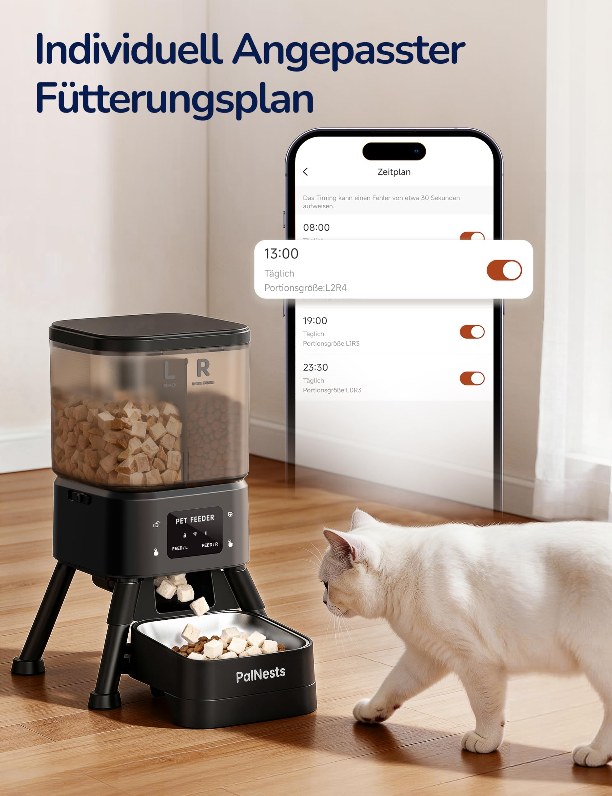 Futterautomat Katze 4L, PalNests Katzenfutter Automat Kabellos 2,4G&5G WiFi, Automatisierte Futterspender mit Programmierbarem Timer, Futterspender für Katzen/Hunde mit APP-Steuerung