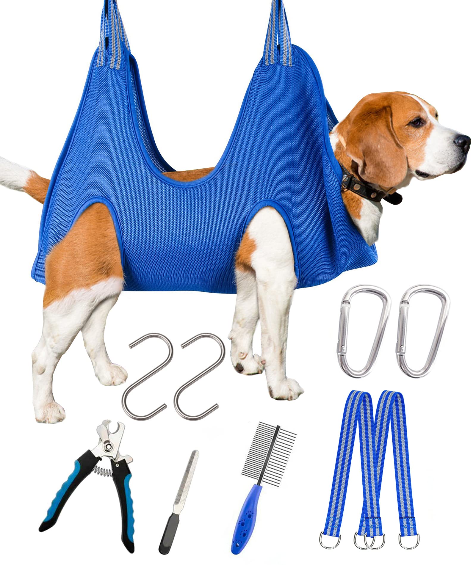 Kkiimatt 10 in 1 Pet Grooming Hammock Harness with Nail Clippers/Trimmer, Nail File, Comb,Dog Nail Hammock, Dog Grooming Sling for Nail Trimming/Clipping (L/Under 55lb, Blue)