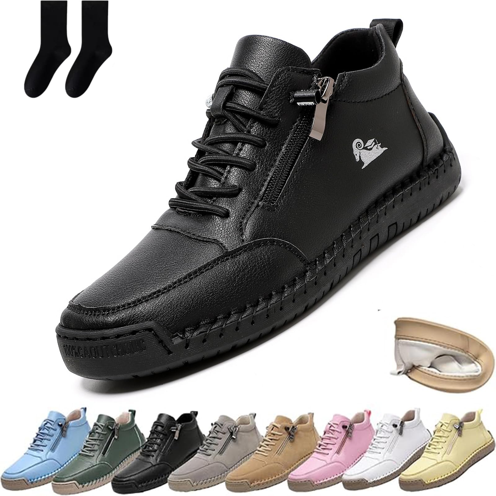 Handgefertigte orthopädische Bequeme Lederschuhe Montela Schuhe Damen Herren, Leder-Turnschuhe mit seitlichem Reißverschluss, Flache Outdoor-Schuhe, Freizeitschuhe zum Fahren und Gehen