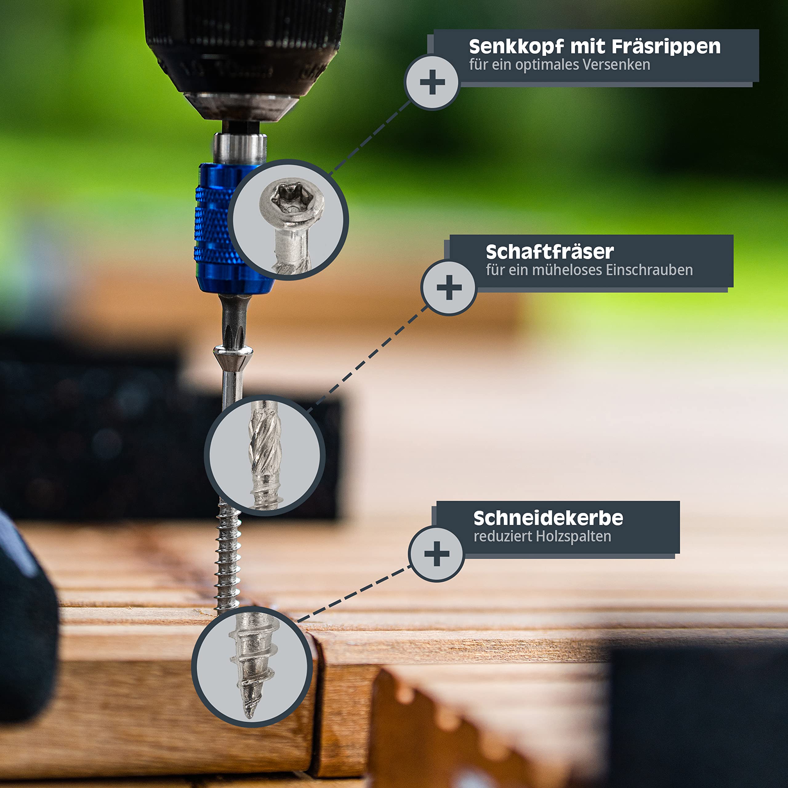 HELPMATE – Tornillos de terraza 5 x 50 acero inoxidable A2 – 500 unidades tornillos para tablones + 2 puntas T25 – Tornillos para terrazas para exteriores (construcción de terrazas, casas de jardín,