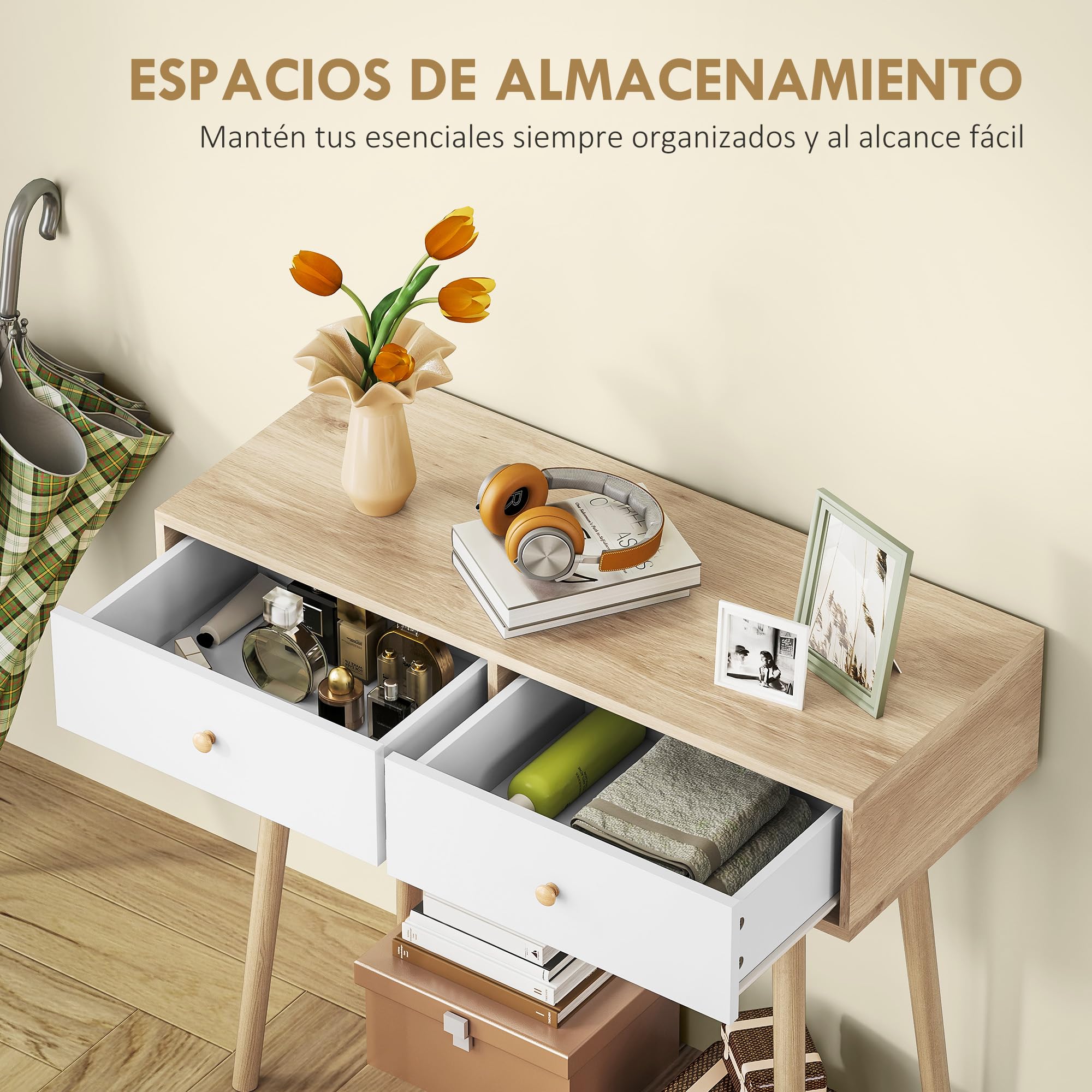 HOMCOM Mesa de Consola Estrecha Consola de Recibidor Mesa de Sofá con 2 Cajones Estilo Moderna para Pasillo Entrada Salón Dormitorio Roble