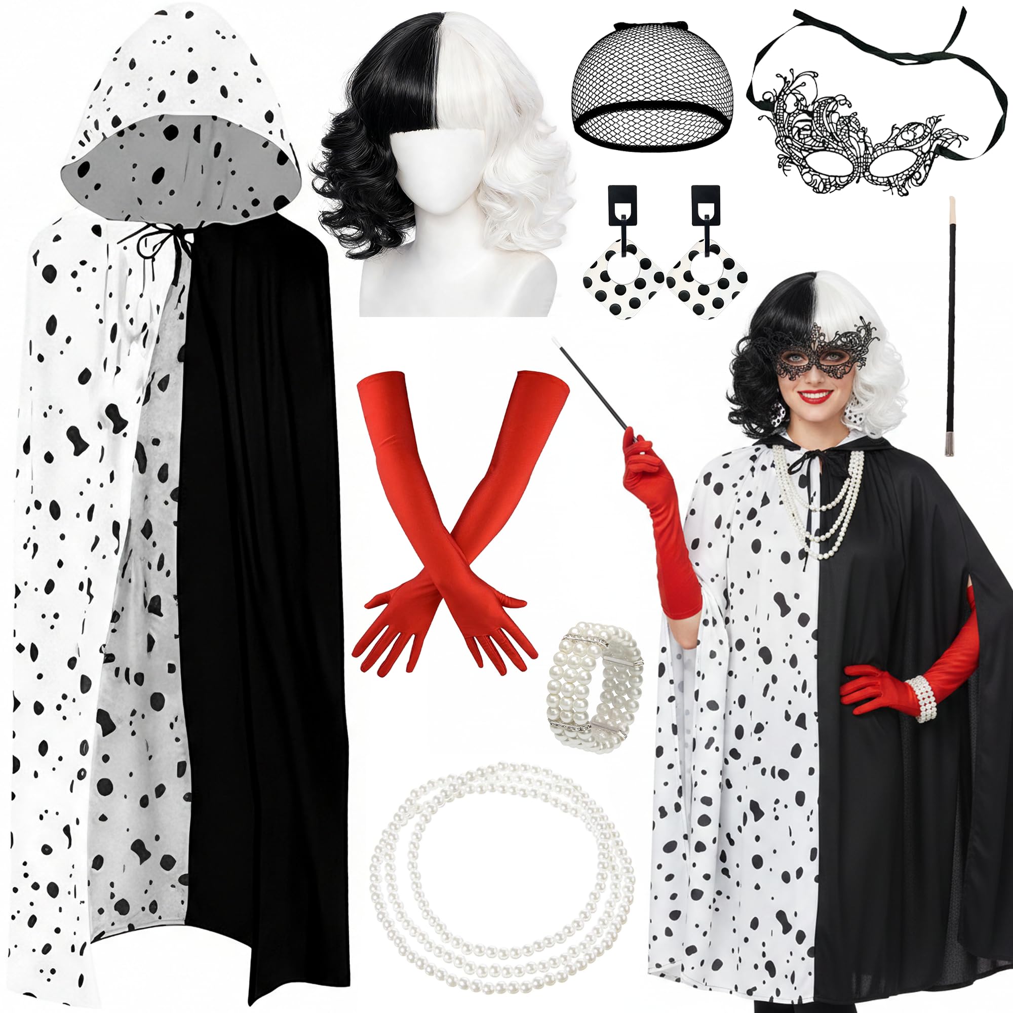 Fictoria Cruella Costume Fancy Dress Women - Dalmatian Print Spotted Cape Set with Wig and Eye Mask, Black White Accessories Kit for World Book Day Cosplay Masquerade Party Outfit