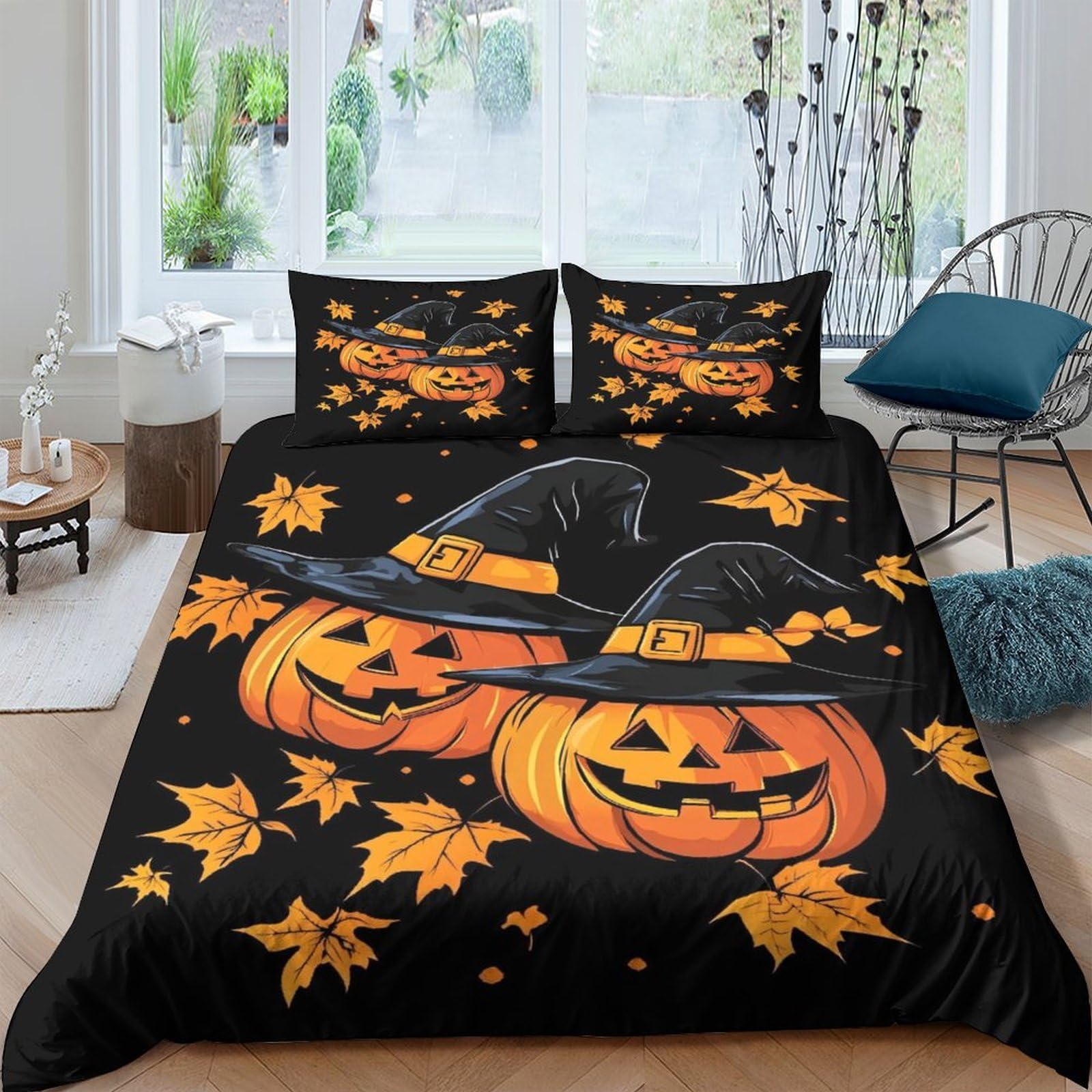 Ctjqhvkz Style-5 3D Printed Halloween Pumpkin Fitted Sheet Microfiber Black Autumn Leaves Bed Cover For Bedroom Dorm Mattress Protection Single（135X200cm）