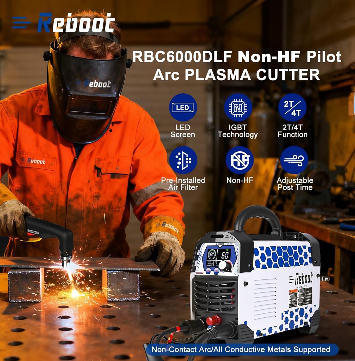 Reboot Plasma Cutter Non-High Frequency Non-Touch Blow Back Pilot Arc, 1 Inch Max Cut 5/8 Inch Clean Cut, 2T/4T, Large LED Display Gouging/Marking/Mesh Cutting 120V/240V Dual Voltage