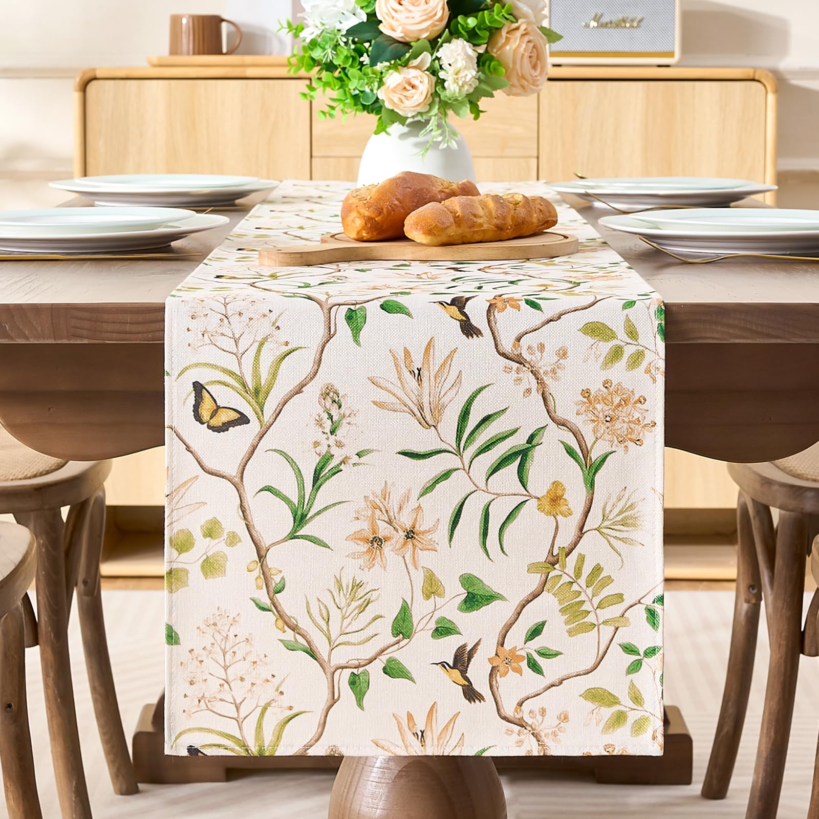 Tischläufer Frühling Blumen Blätter Vogel Schmetterling Tischband Deko, Tischläufer Saisonnal Sommer Küche Esstisch Dekoration Drinnen Urlaub Party Dekor Waschbar 40x100 cm