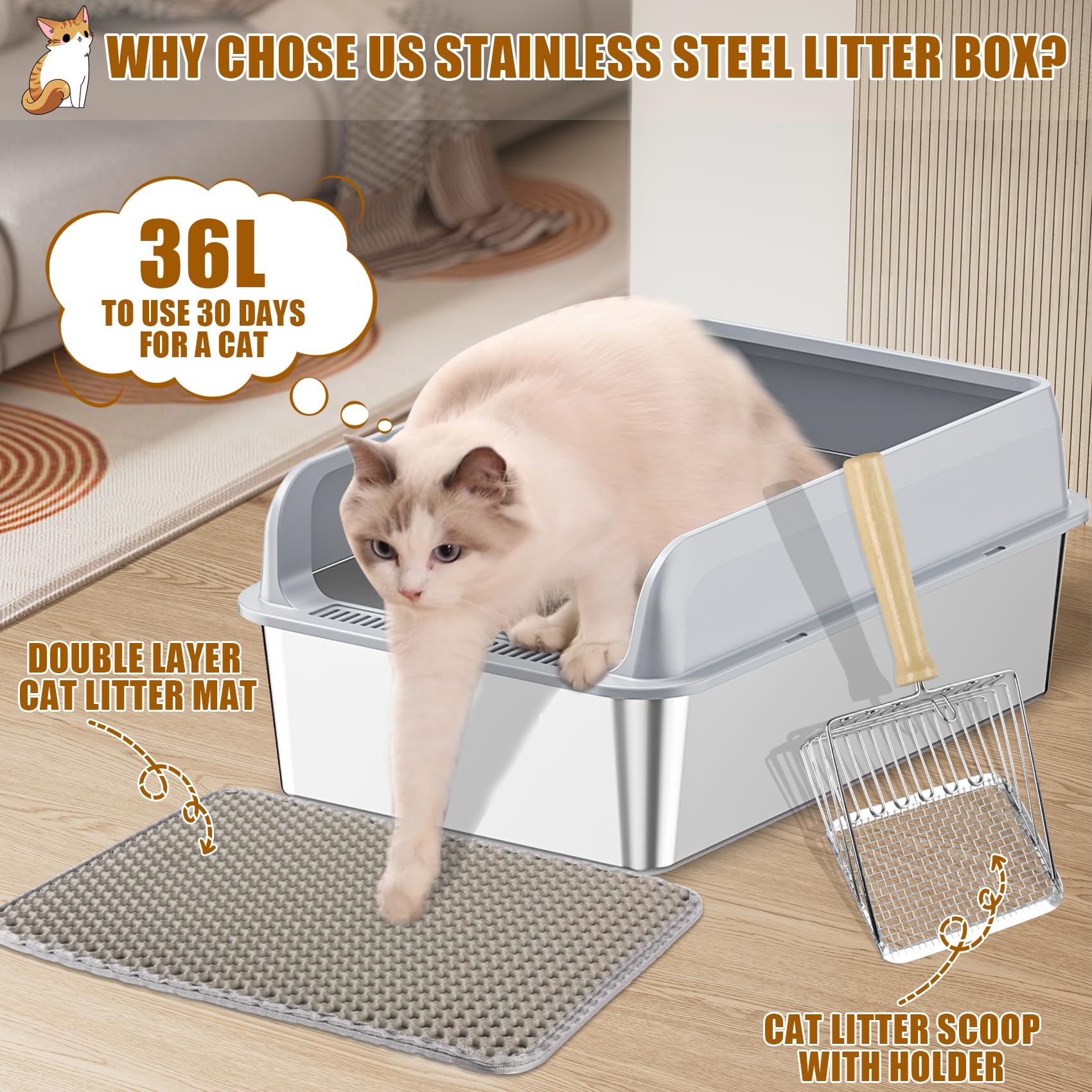LADYSONS Lettiera per Gatti in Acciaio Inox, Grande, A Prova di Perdite, Facile da Pulire, Con Paletta e Tappetino, 50 x 35 x 20 cm